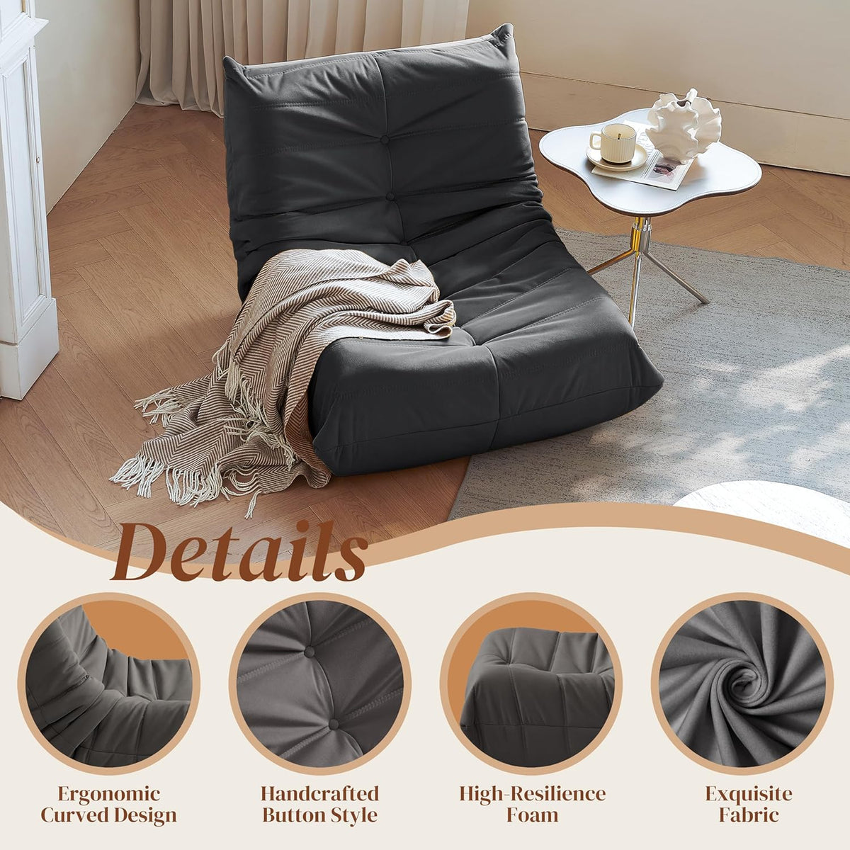 Bean Bag Chair, Fireside Chair Bean Bag Sofa for Adults, Bean Bag Chairs for Teens with High-Resilience Foam, Memory Foam & Non-Slip Base Bean Bag for Living Room, Bedroom, Office (Suede, Dark Gray)