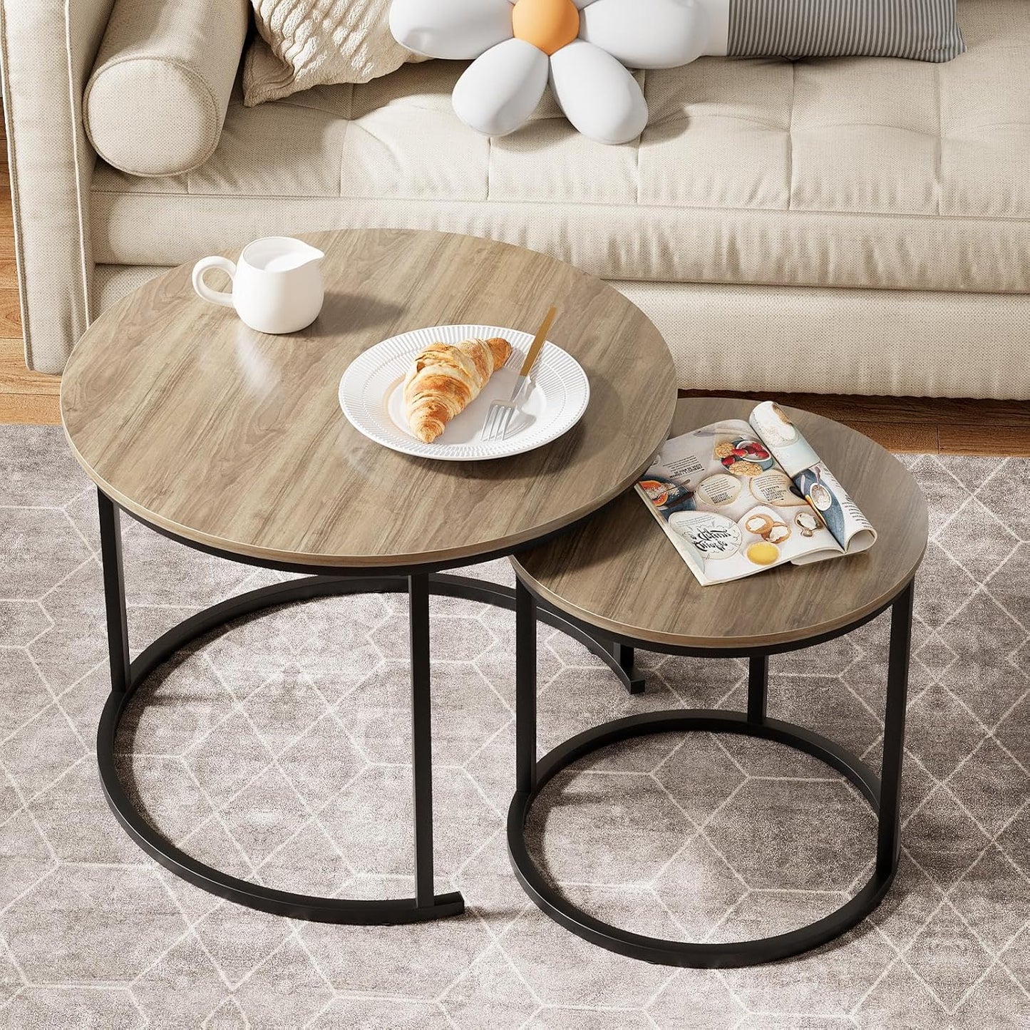 Garden 4 you Nesting Coffee Table, 23.6" Round Coffee Table Set of 2, Wooden Nesting Table Set with Metal Frame, Side Tables for Living Room Bedroom Balcony, Brown