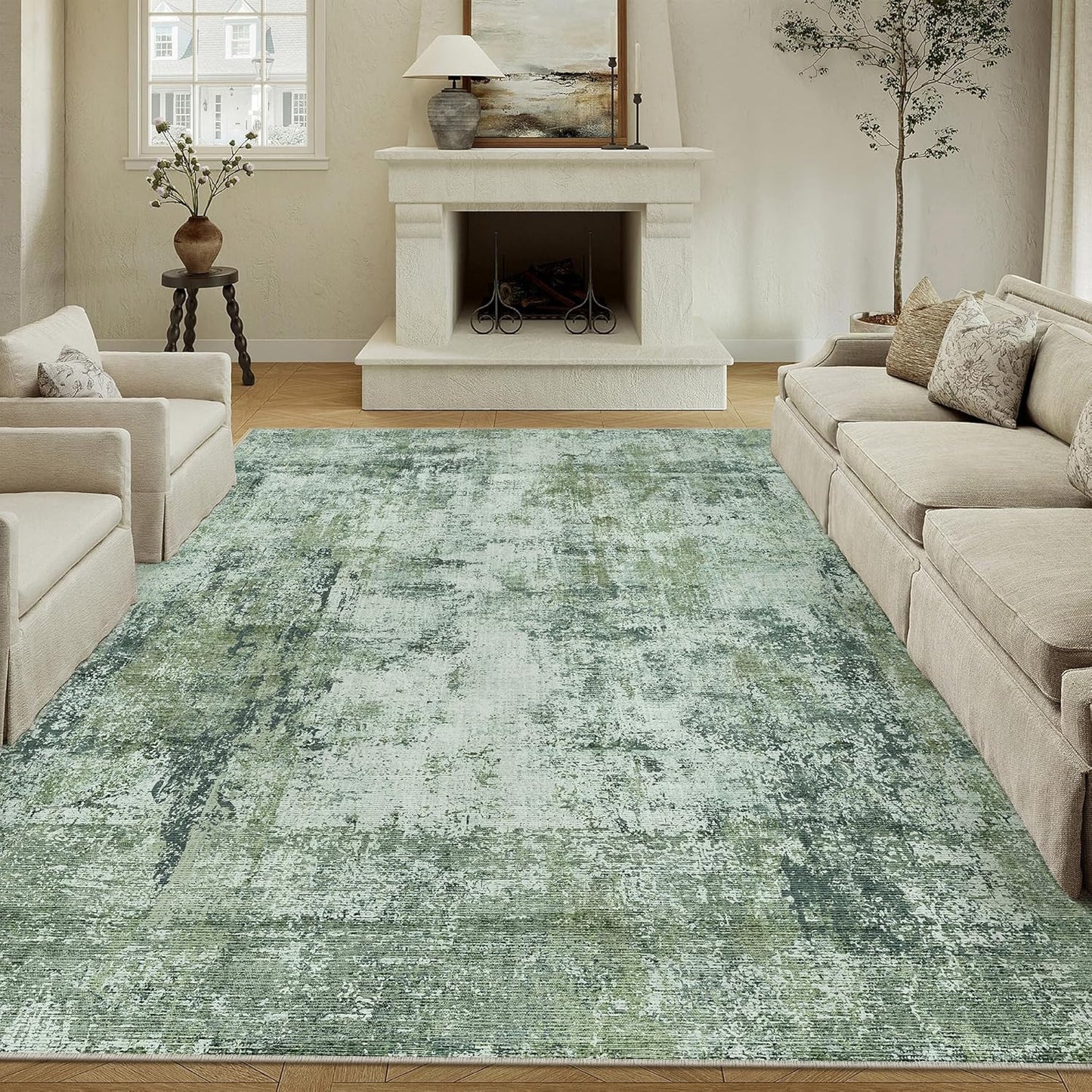 9x12 Area Rug Dark Green Modern Neutral Abstract Living Room Bedroom Indoor Floor Carpet Low Pile Soft Non-Slip Lightweight Vacuumable Washable Large Throw Rug for Nursery Dining Room