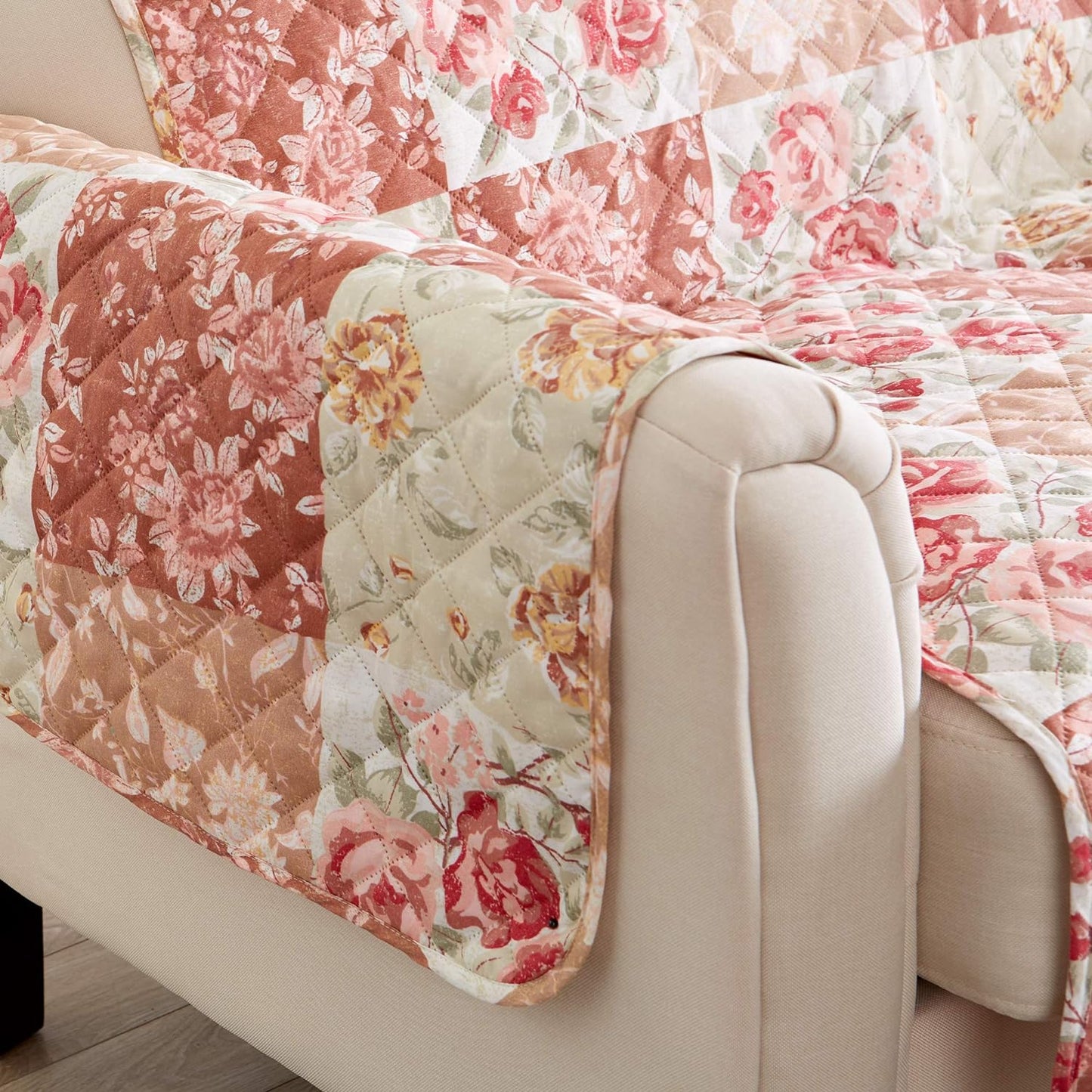 Great Bay Home Reversible Floral Patchwork Furniture Protector Scalloped Edge Stain Resistant Printed Furniture Protector Maribel Collection (Recliner, Burgundy/Taupe)