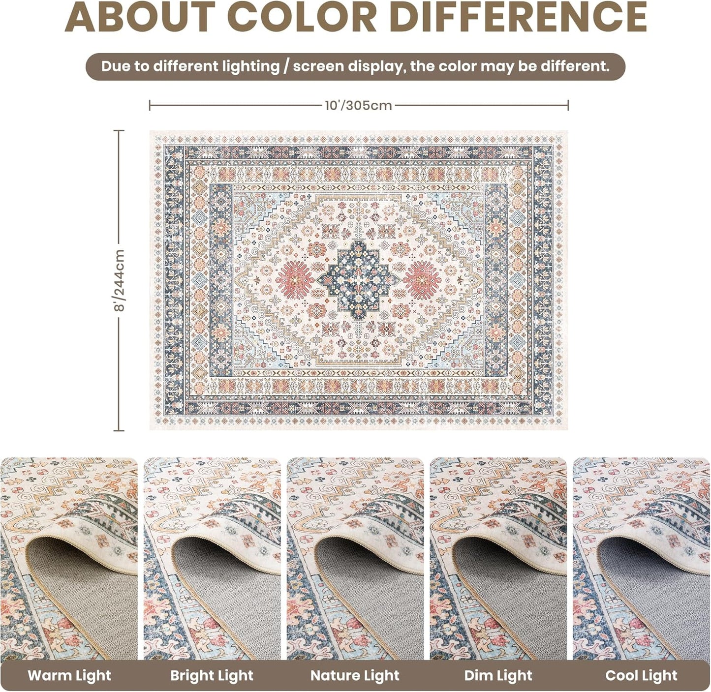 zesthome 8x10 Area Rugs for Living Room,Non-Slip Backing Washable Rugs,Vintage Large Area Rug，Stain Resistant Home Decor Rug (Multi,8'x10')