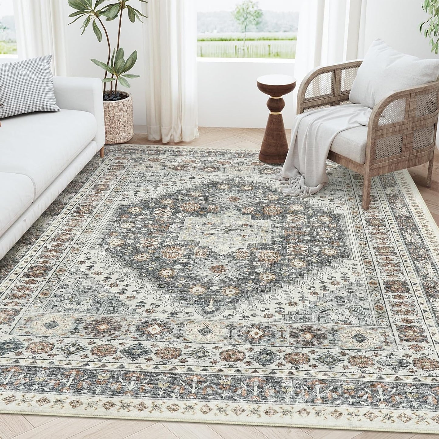 zesthome 5x7 Area Rugs - Ultra-Thin Washble Rug, Stain Resistant Anti Slip Backing Rugs for Living Room,Bedroom, Vintage Home Decor Area Rug (Grey/Orange,5'x7')