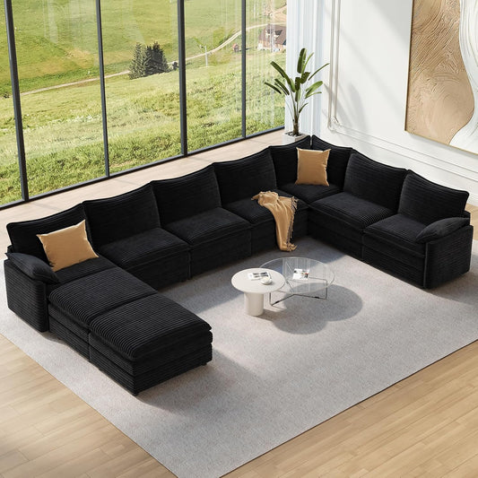 Vesgantti Large Modular Sectional Sofa, Big Comfy Cloud Couch with Ottoman Deep Seat Corduroy Cloud Sofa, 9 Seater Large Sectional Couches for Living Room, Bedroom and Apartment, Black