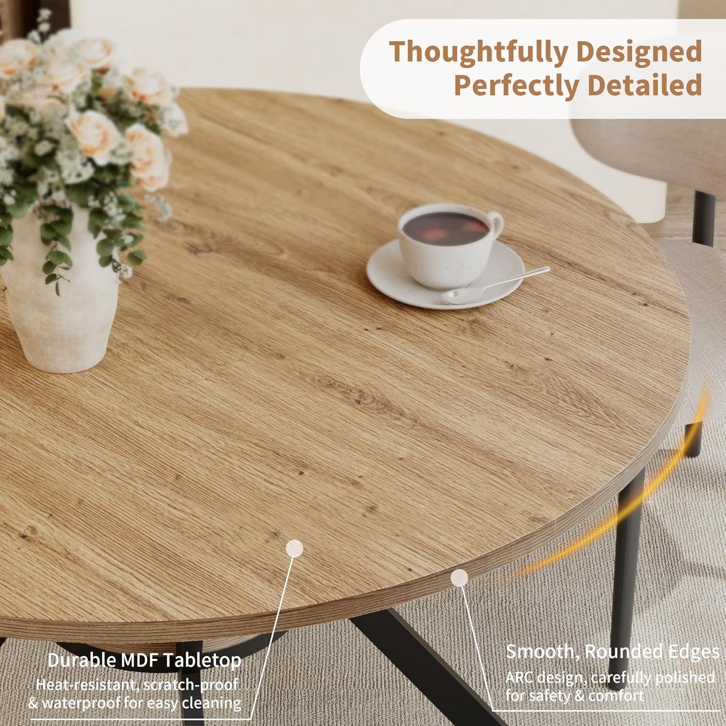 Round Dining Table for 4, 42 Inch Farmhouse Kitchen Table with Storage, Rustic Wooden Circle Dinner Pedestal Table with Metal Legs, Space Saving Kitchen & Dining Room Furniture, Natural Wood