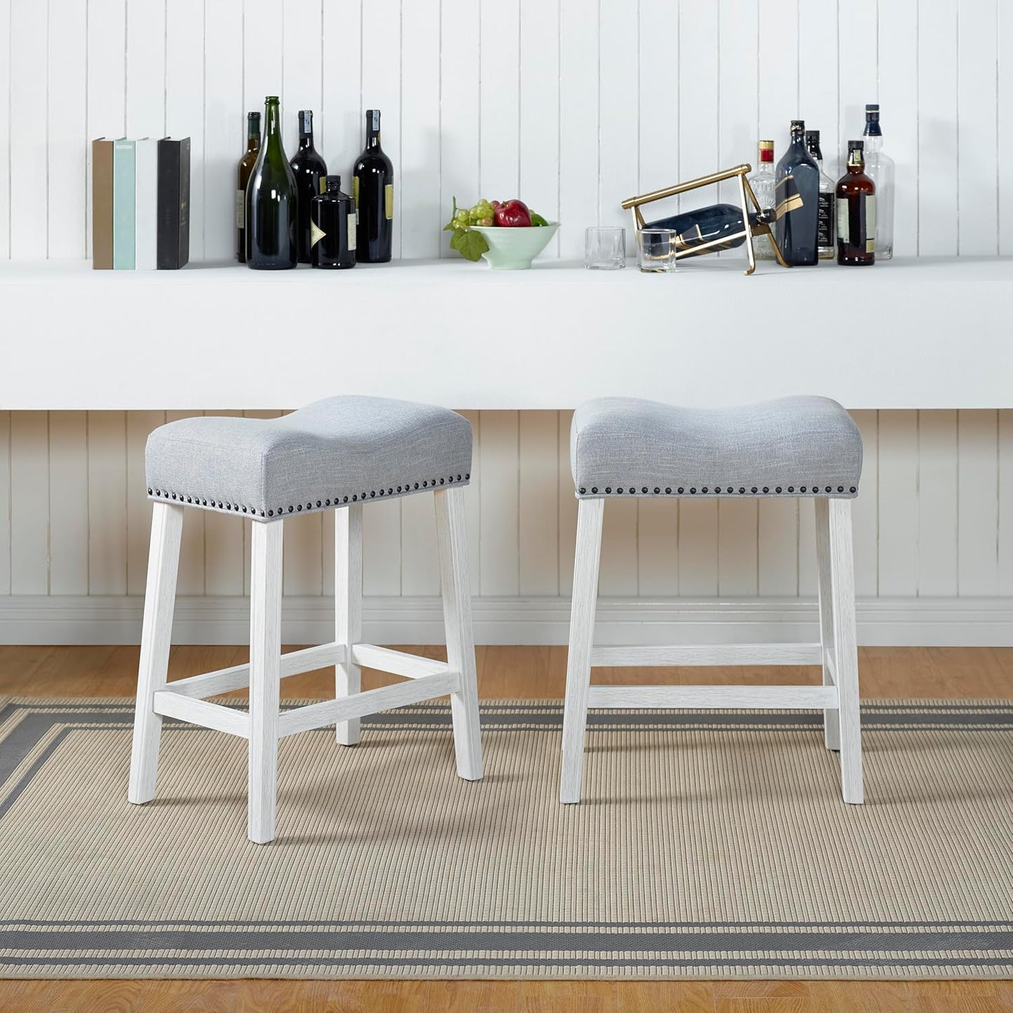 Roundhill Furniture Coco Upholstered Backless Saddle Seat Counter Stools 25.5" Height Set of 2, White-Wash Finish, Light Gray Fabric