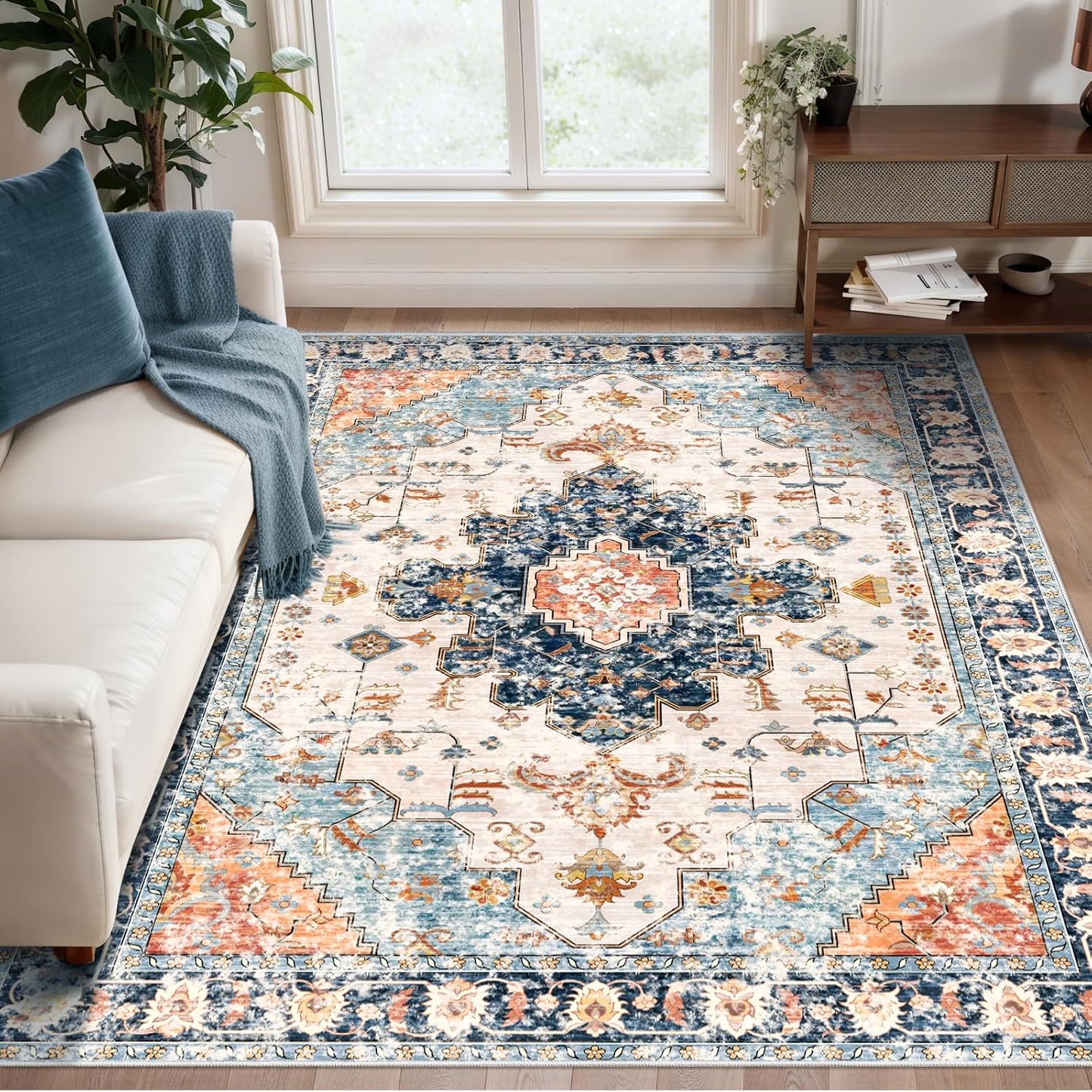 Tangsoo 3x5 Rug for Bedroom, Washable Vintage Rugs Indoor, Non Slip Accent Rug, Print Distressed Blue/Beige Carpet, Soft Low Pile for Living Room Dorm Bedroom Bedside Entryway Bathroom