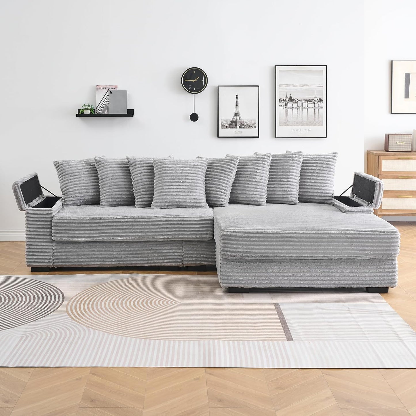 KEIKI 114" Corduroy Sofa with Cup Holders & Storage, L Shaped Sleeper Cloud Couch Set w/Reversible Chaise Lounge, Living Room Oversized Upholstered SofaBed for Apartment, Easy Assembly, Gray