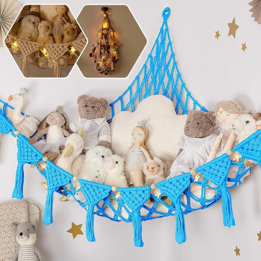 Macrame DreamLights Boho Stuffed Animal Storage Net Hammock Extra Large Plush Toy Storage Holder For Small Or Large Plushies BLUE