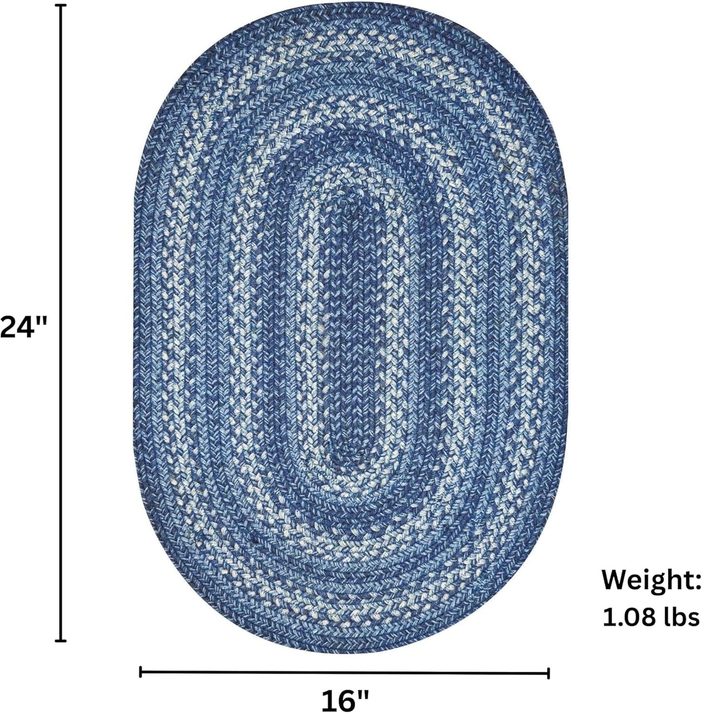 Denim Blue Jute Braided Oval Rugs, 16x24 - Country Style Coastal Decor, Perfect for Laundry Rooms, Bathrooms and Entryways - Durable and Easy to Clean