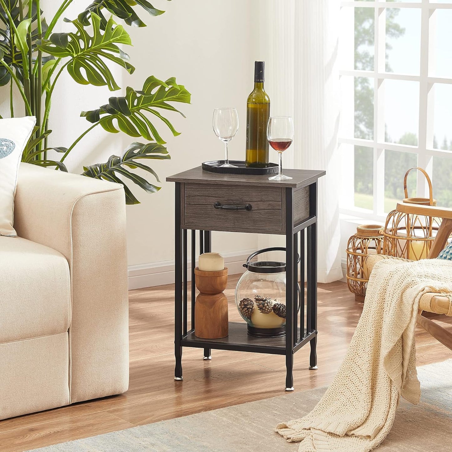 VECELO Nightstands Set of 2, Industrial Side Table/End Tables with Drawer and Storage Shelf, Night Stands for Bedroom, Living Room, Wood Metal Furniture, Easy Assembly