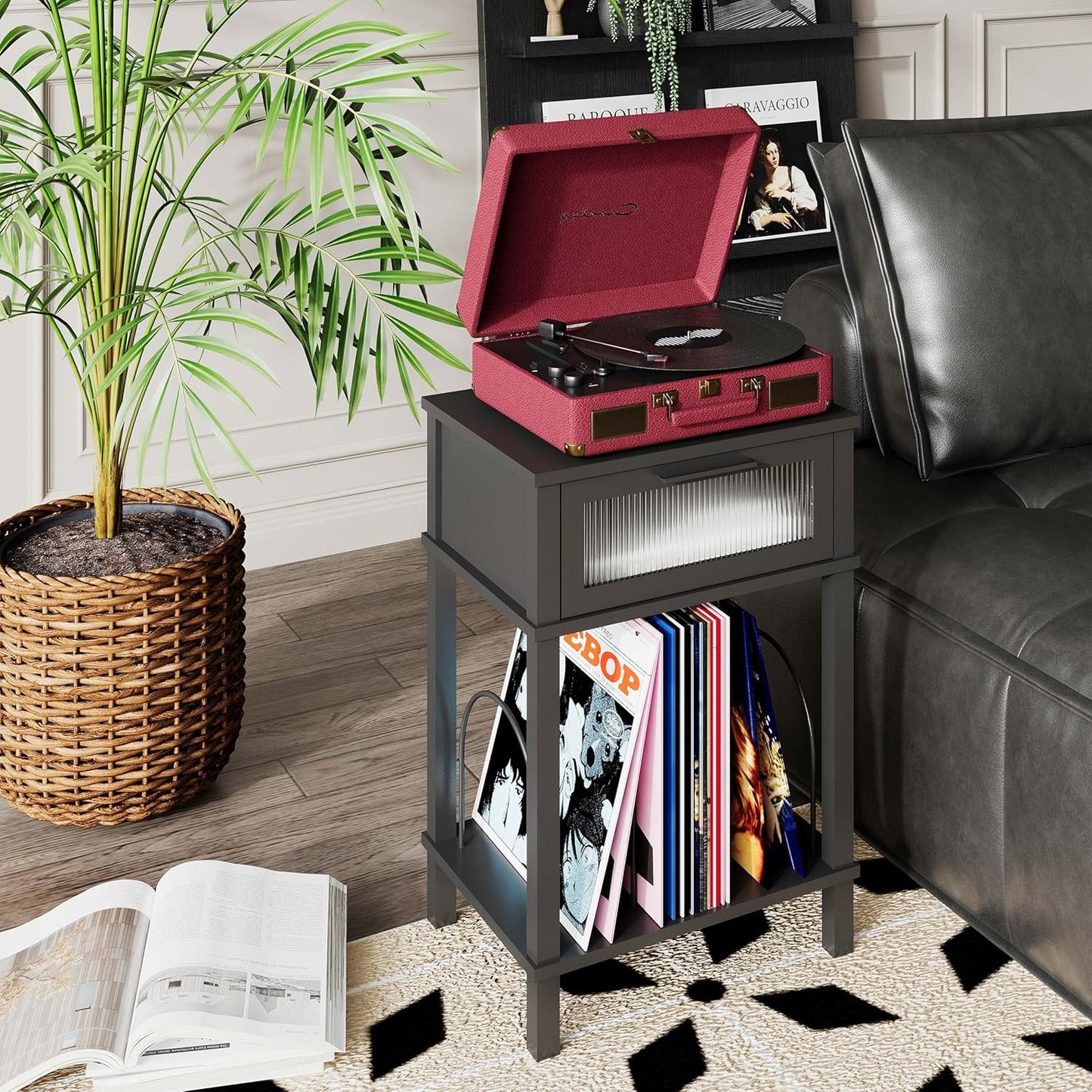 End Table with Record Player Stand, Side Table with Storage, 2-Tier Nightstand with Drawer and Record Holder, Modern Black Bedside Table for Living Room Bedroom MLBZ18B