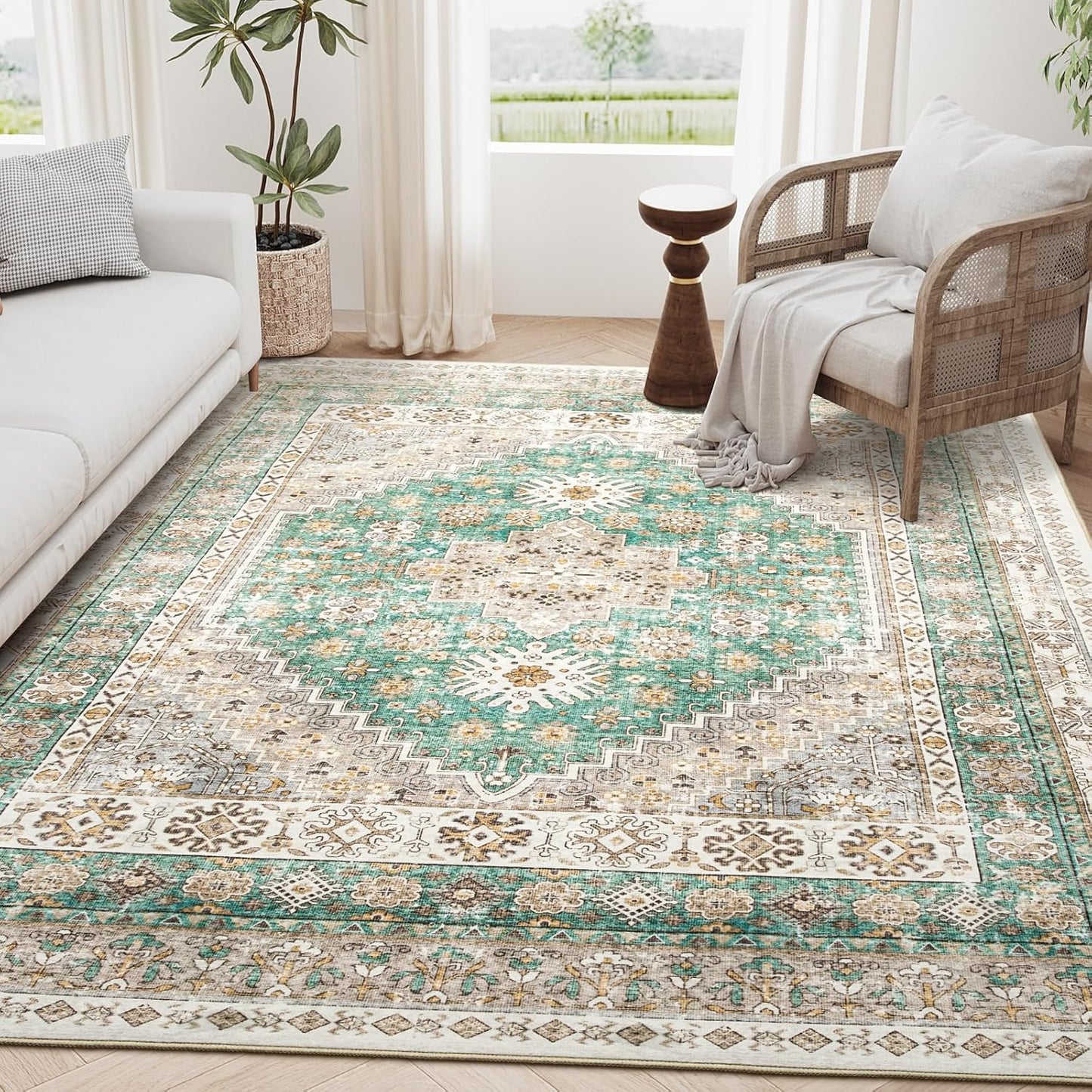 zesthome 6x9 Area Rug, Super Soft Washable Rugs for Living Room, Non-Slip Stain Resistant Vintage Rugs, Ultra-Thin Large Area Rugs (Green/Brown,6'x9')