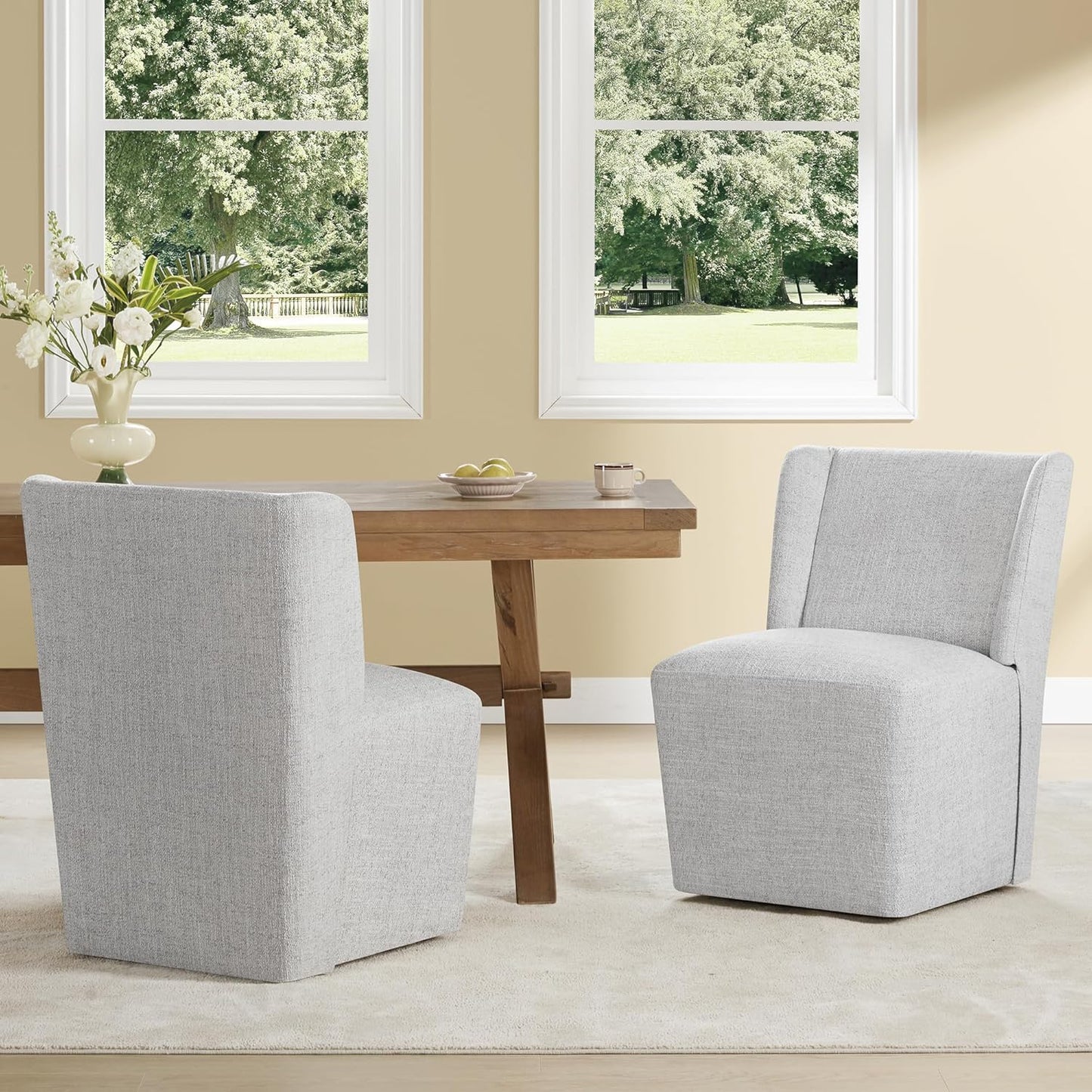Upholstered Dining Chair with Casters Wingback Modern Side Armless Deskchair with Rollers for Diningroom Bedroom Livingroom Reading Room,Light Grey,2 Box
