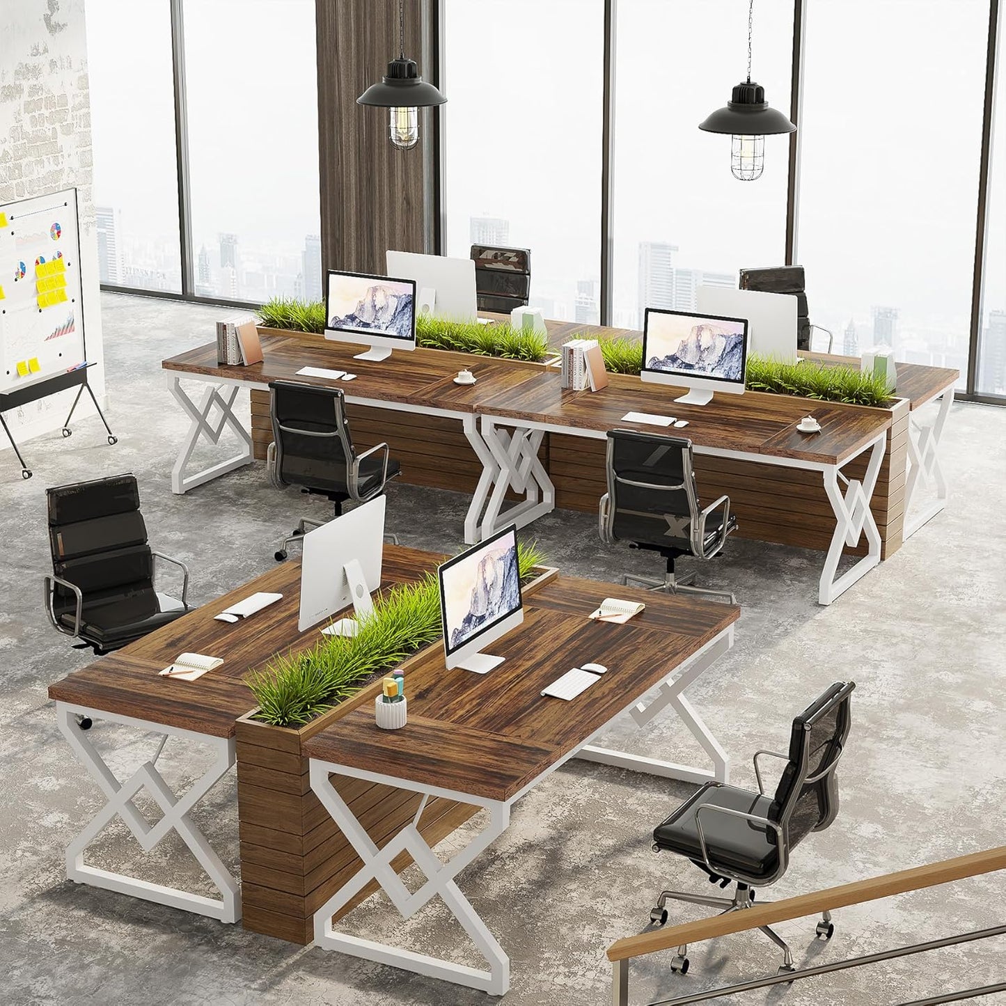 Tribesigns 63 Inch Executive Desk, Large Office Desk with Metal Frame, Ergonomic Writing Desk Computer Workstation, Modern Wood Computer Desk for Home Office, Easy Assembly (Brown+White)
