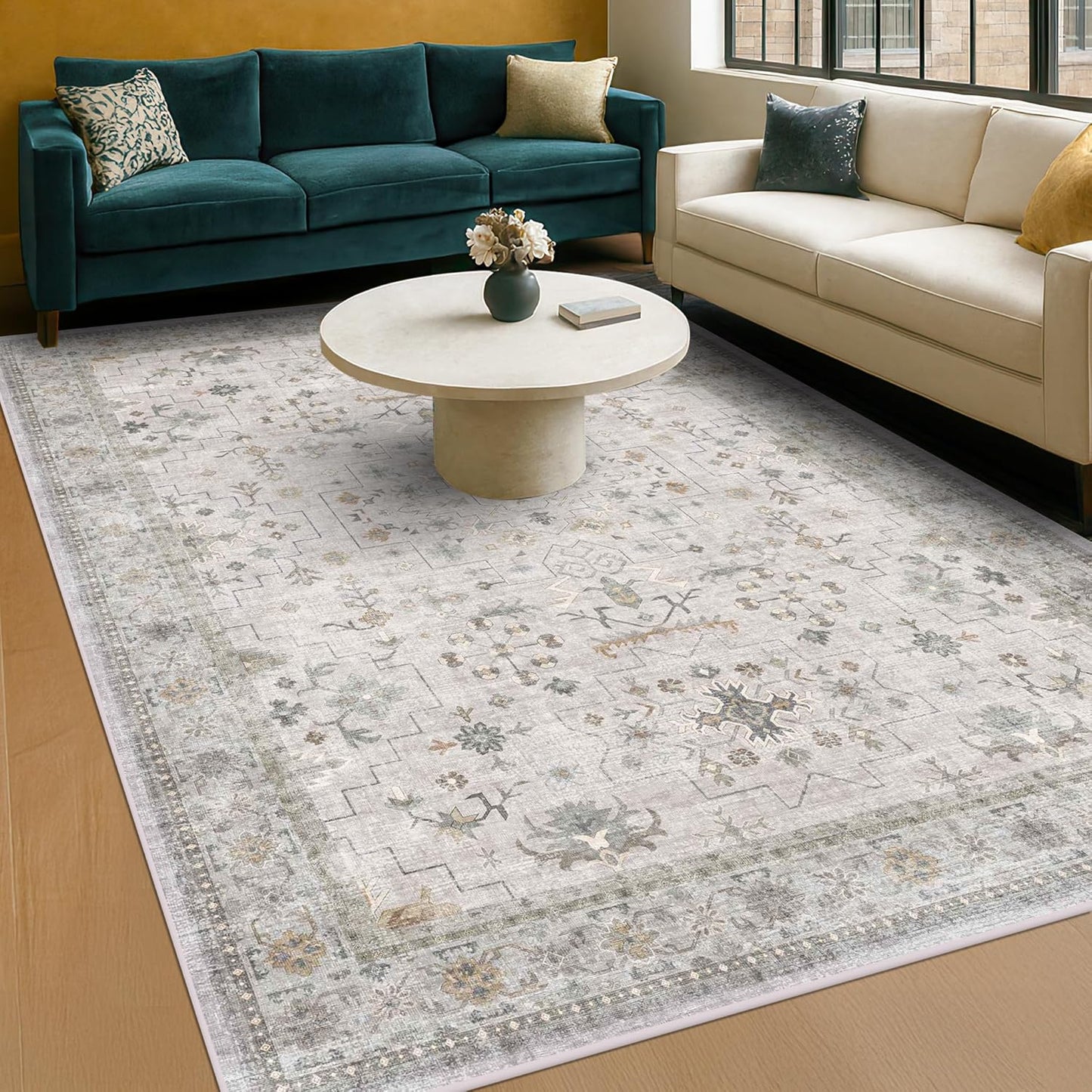 Boho Light Grey Living Room Rug 6x8 - Modern Vintage Eclectic Floral Paste Neutral Taupe, Washable Low Pile Non-Slip Large Area Rugs for Dining Under Table, Bedroom