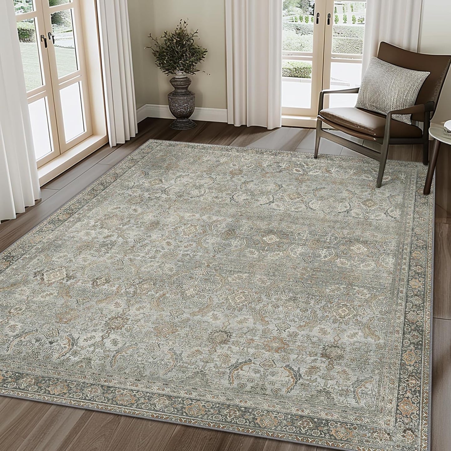 8X10 Area Rugs Machine Washable Rugs for Living Room, Vintage Boho Large Rugs for Bedroom Dining Room, Non Slip Indoor Soft Distressed Lightweight Thin Low Pile Carpet, Taupe