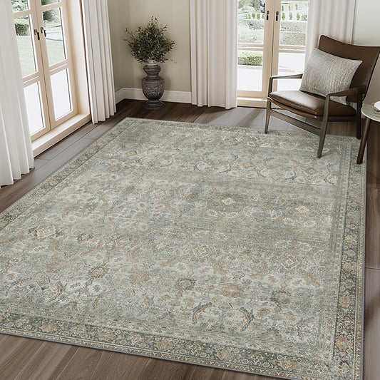 8X10 Area Rugs Machine Washable Rugs for Living Room, Vintage Boho Large Rugs for Bedroom Dining Room, Non Slip Indoor Soft Distressed Lightweight Thin Low Pile Carpet, Taupe