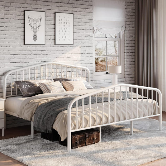 SHA CERLIN King Size Metal Platform Bed Frame with Victorian Style Wrought Iron-Art Headboard/Footboard, No Box Spring Required, White