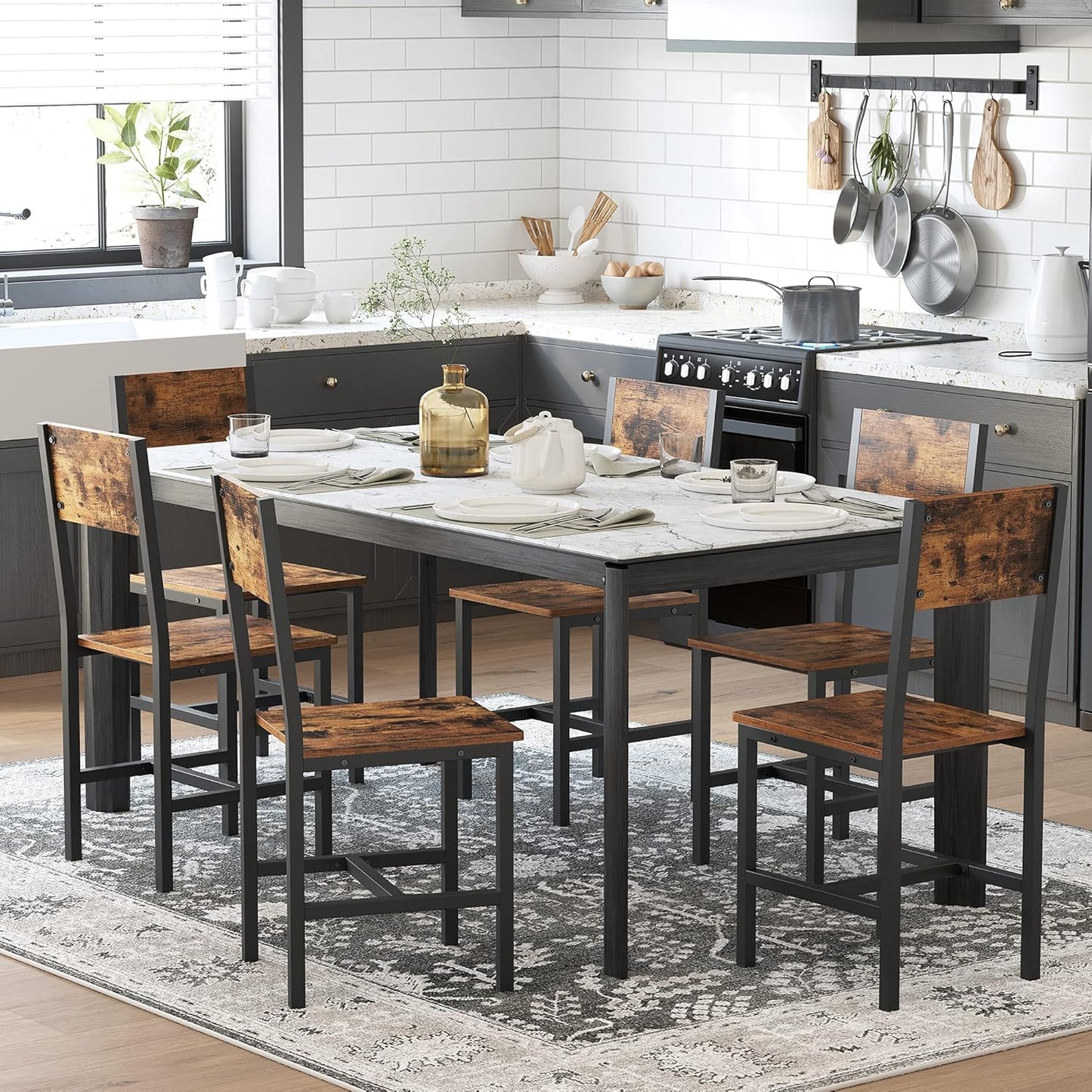VASAGLE Dining Chair Set of 6, Wood Kitchen Chairs with Metal Steel Frame, Easy to Assemble, Comfortable Seat, Modern Farmhouse Chair for Kitchen, Bedroom, Living Room, Rustic Brown and Ink Black