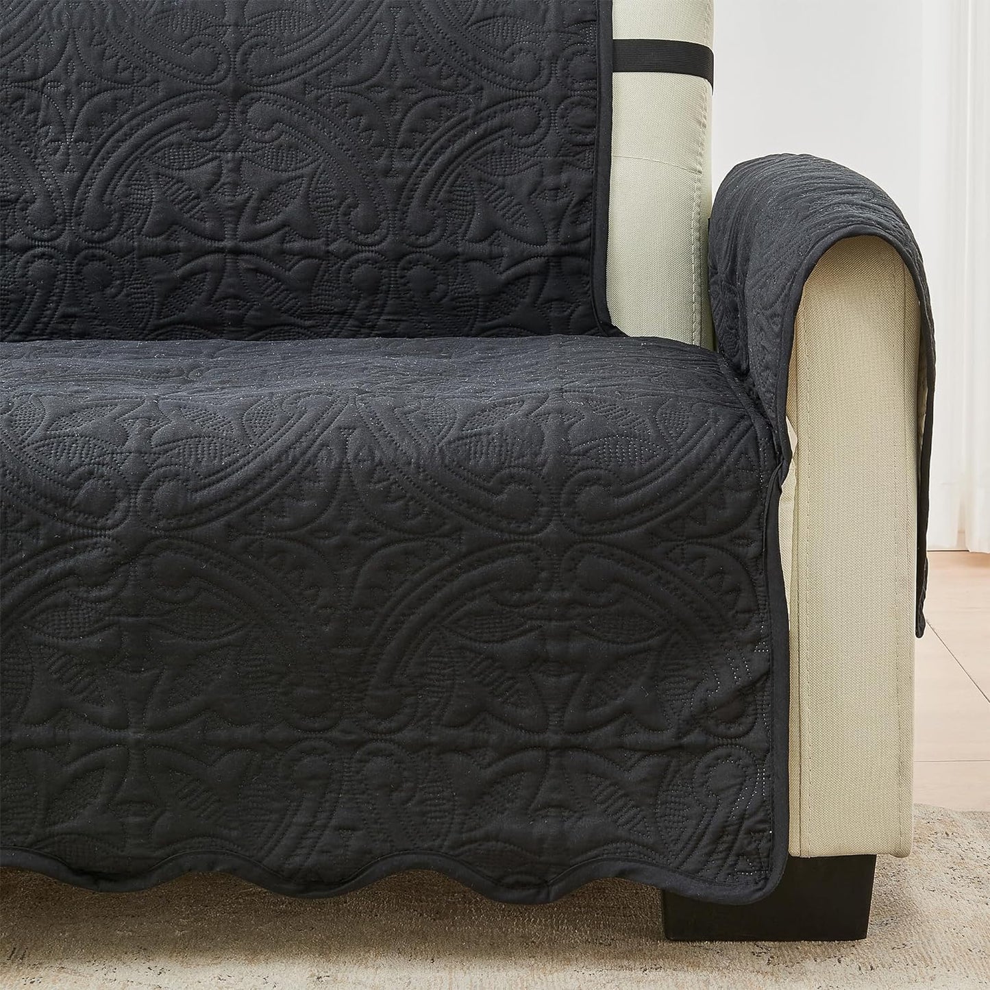 Great Bay Home Reversible Loveseat Cover - Washable Slipcover Furniture Protector with Elastic Straps - Couch Cover for Dogs, Kids, and Pets - Quilted & Stitched Detail (Loveseat, Black/Taupe)