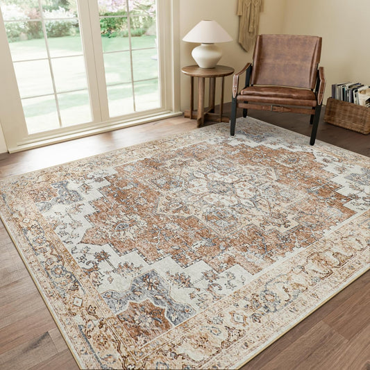 GENIMO 6x9 Area Rugs for Living Room, Non Slip Machine Washable Retro Rugs, Low Pile Chenille Print Rug for Bedroom, Dining Room, Home Office, Orange