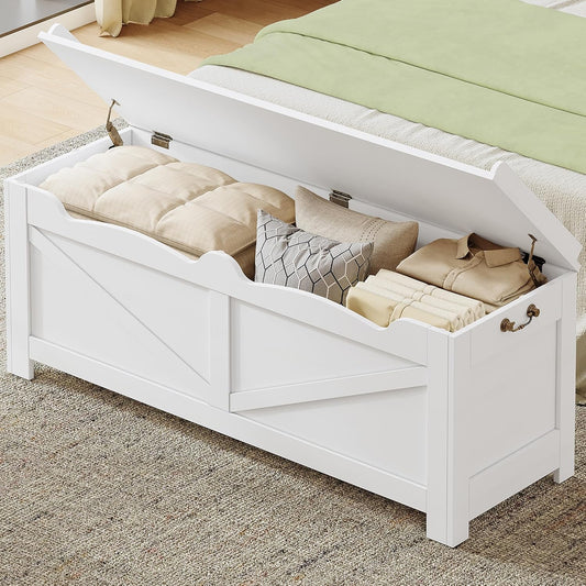 47.2" Storage Chest, Extra Large Storage Trunk with 2 Safety Hinges, Wooden Box Bench, Lift-Top Organizer Chest, Shoe Bench for Entryway, Bedroom, Living Room, White SB14503X