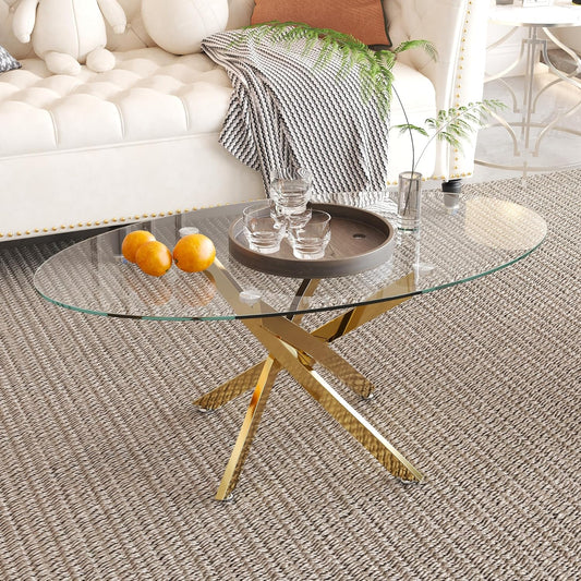 Glass Coffee Table with Chromed Legs, Oval Modern Living Room Center Table for Home Office Living Room (Gold)