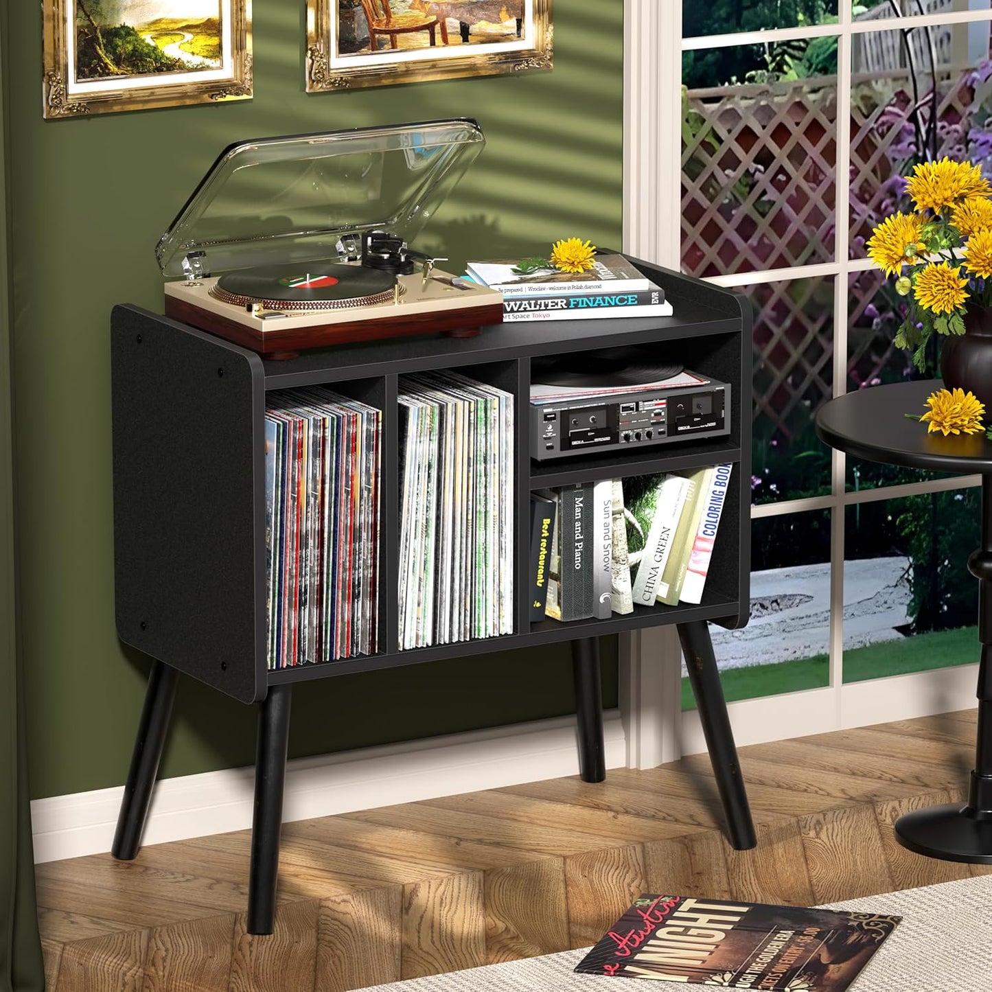 Record Player Table, Mid-Century Record Player Stand with Vinyl Storage Hold Up to 150+ Albums, Vinyl Record Cabinet with Adjustable Shelves, Wood Turntable Stand for Music Living Room (Black)