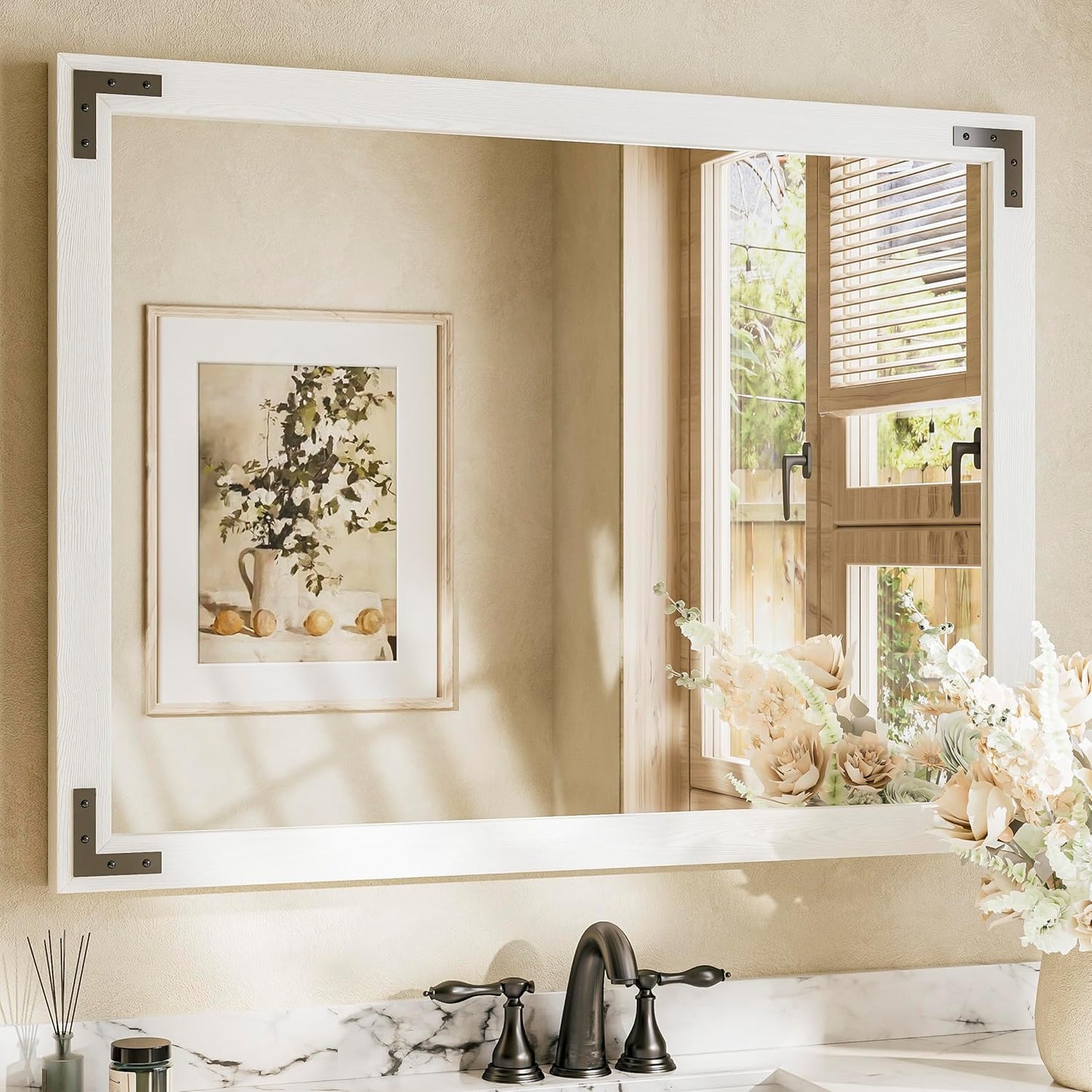 TETOTE 40 x 30 White Wood Framed Mirror for Bathroom Wall/Bedroom/Living Room/Entryway Farmhouse Rustic Bathroom Vanity Mirror Waterproof (Horizontal/Vertical Mounted)