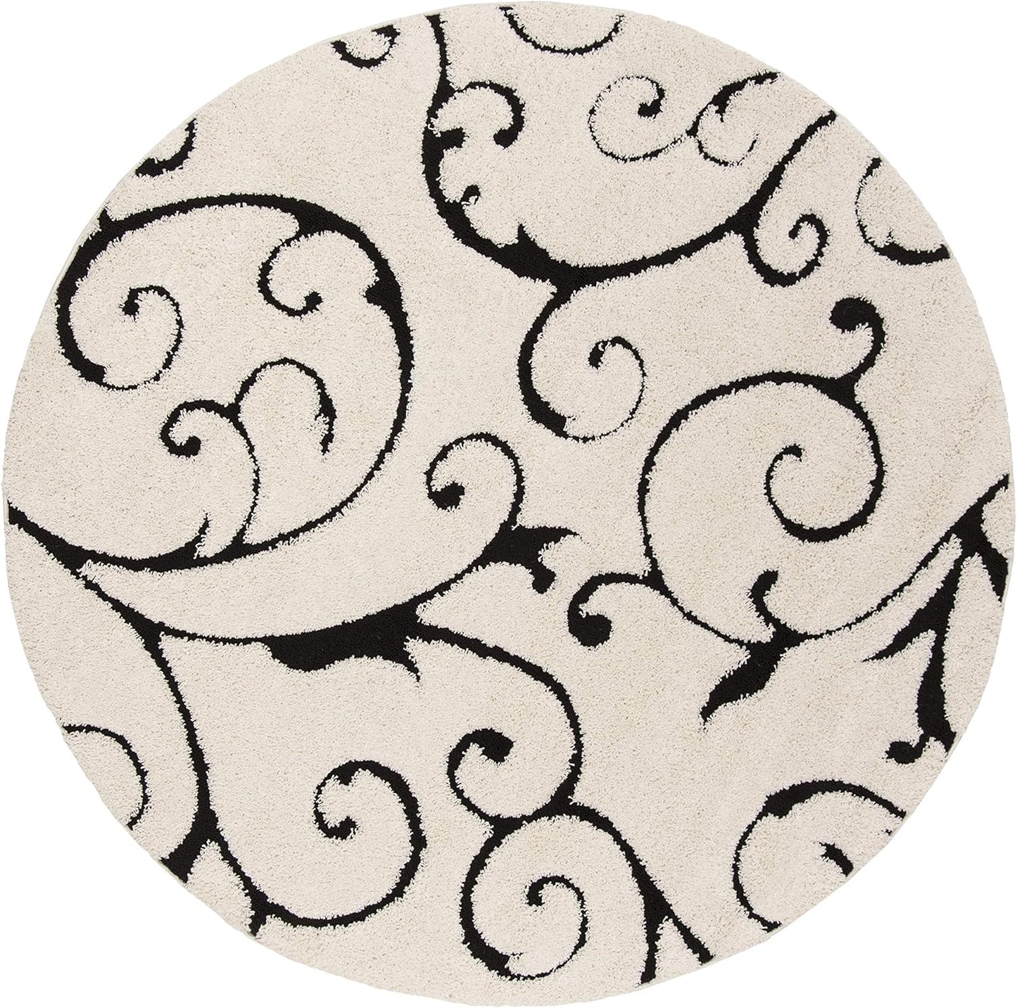 SAFAVIEH Florida Shag Collection Area Rug - 9' Round, Ivory & Black, Scroll Design, Non-Shedding & Easy Care, 1.2-inch Thick Ideal for High Traffic Areas in Living Room, Bedroom (SG455-1290)