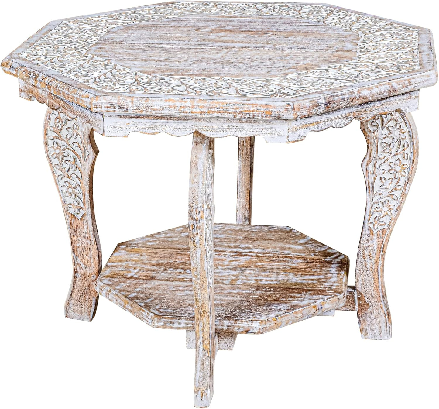 Farmhouse Carved Octagonal End Table – Rustic Accent Side Table with Hand Carved Floral Detailing, Portable Wood Tray Top, White Wash Finish, 24" Dai x 18" Height–Nightstand For Living Room,Bedroom
