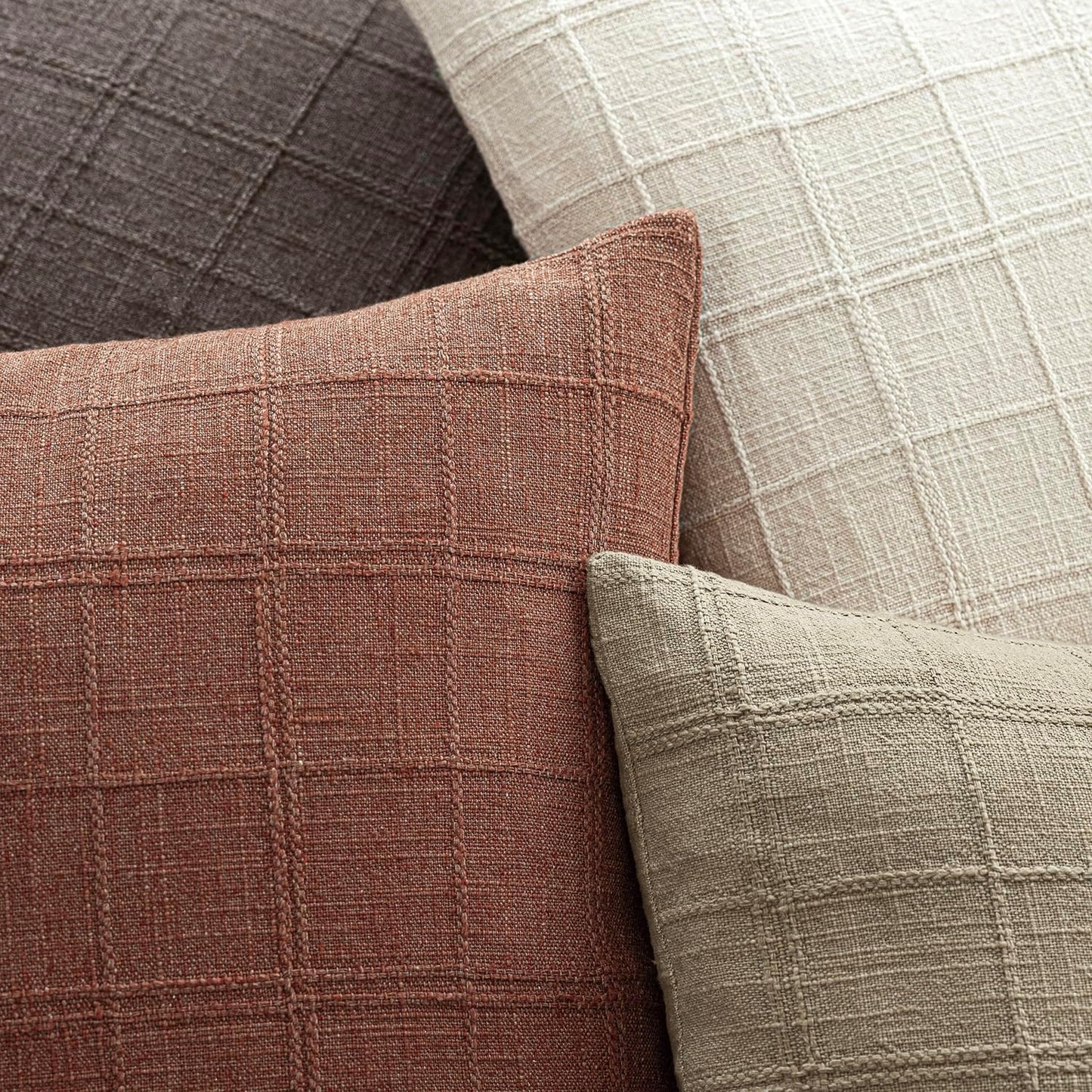 Foindtower Set of 2 Decorative Linen Check Throw Pillow Covers Neutral Farmhouse Vintage Cushion Covers Modern Boho Home Decor for Sofa Chair Couch Bedroom Living Room Outdoor,16×16 Inch,Autumnal Red