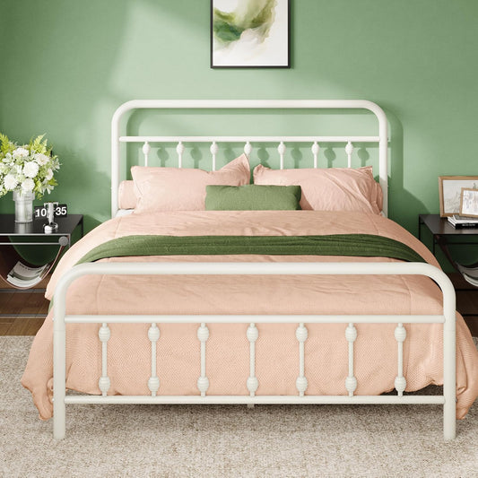 Allewie 14 Inches Queen Size Metal Platform Bed Frame with Victorian Style Iron-Art Headboard/Footboard, Mattress Foundation, Easy Assembly, Under Bed Storage, No Box Spring Required, Off White
