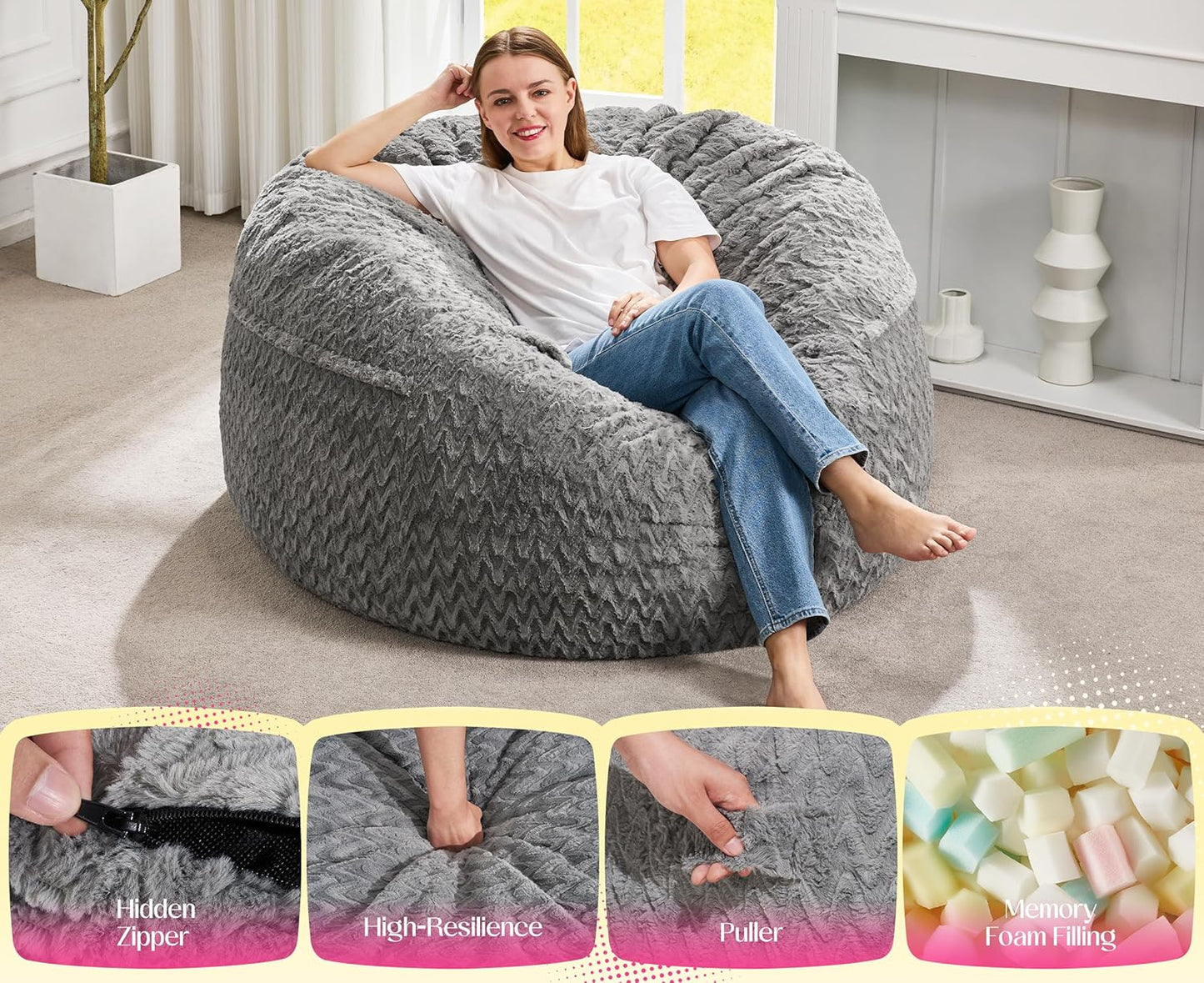 Hobestluk Bean Bag Chair Convertible Beanbag Chairs for Adults, 3 in 1 Bean Bags with Plush Chevron Cover, Adult Bean Bag Chair for Living Room, Bedroom (Grey, Full)