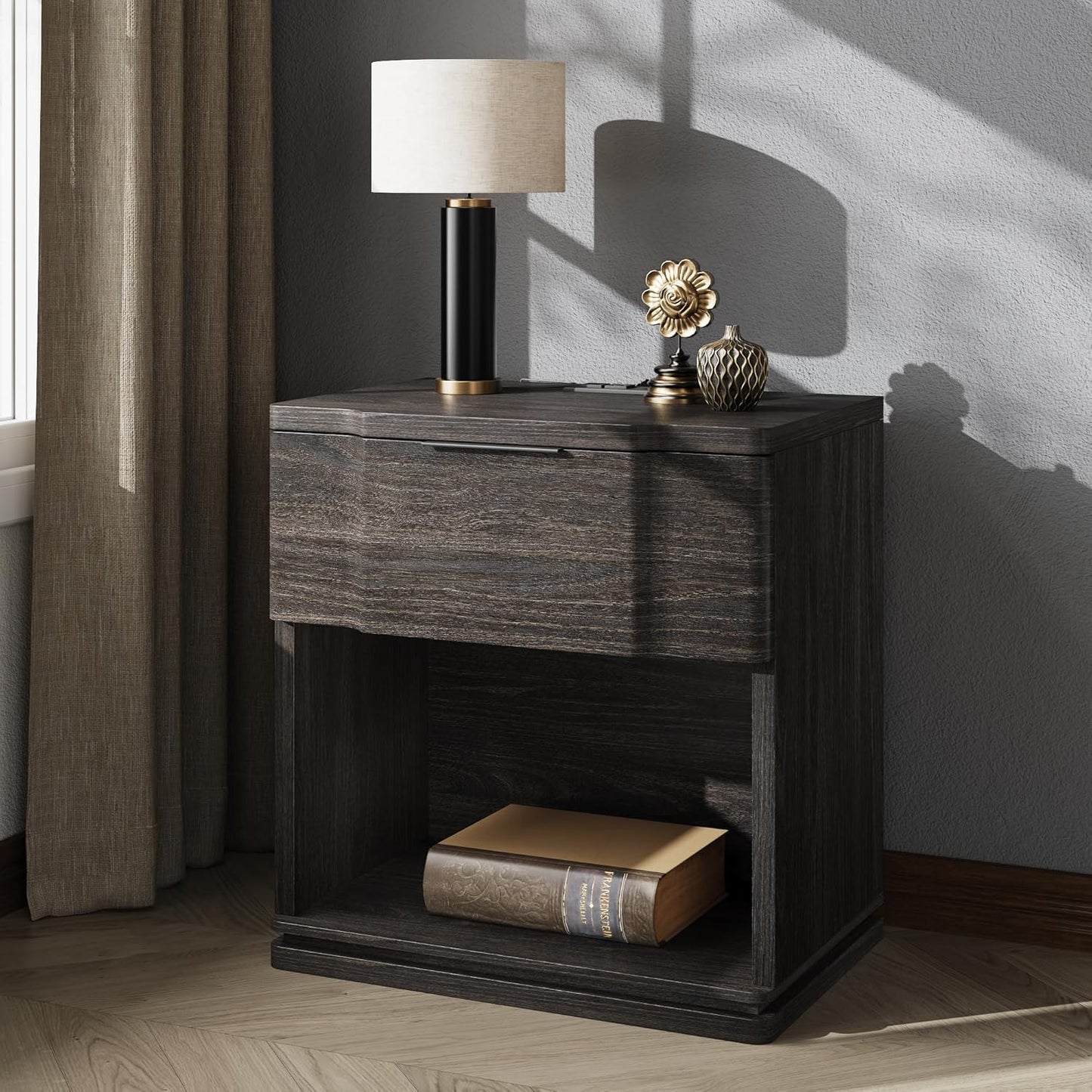 Nightstand with Charging Station, Wooden Curved Night Stand Bedside Table with Storage Shelf & Drawer, Large Mid Century Modern Accent End Table for Bedroom Living Room Office, Black and Gray