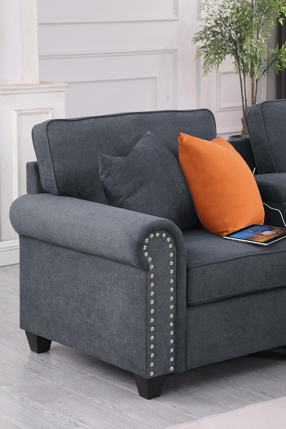 127" Modular Sectional Sofa with Movable Ottoman&Nailhead Trim Armrest,L-Shape Convertible Couch W/Cup Holder,USB Port&Hidden Storage Box,7 Seat Chenille Sectionals,6 Pillow,for Living Room,Gray