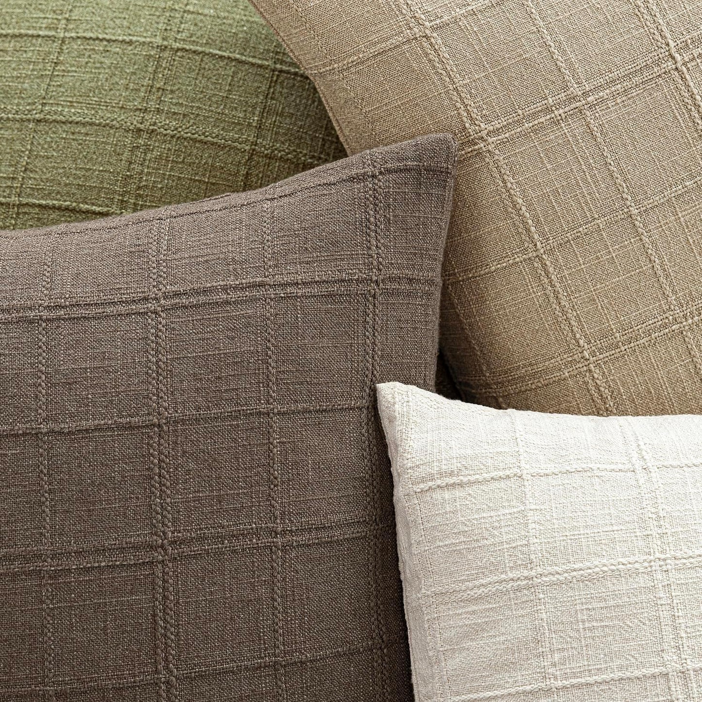 Foindtower Set of 2 Decorative Linen Check Throw Pillow Covers Neutral Farmhouse Vintage Cushion Covers Modern Boho Home Decor for Sofa Chair Couch Bedroom Living Room Outdoor,24×24 Inch,Taupe Grey