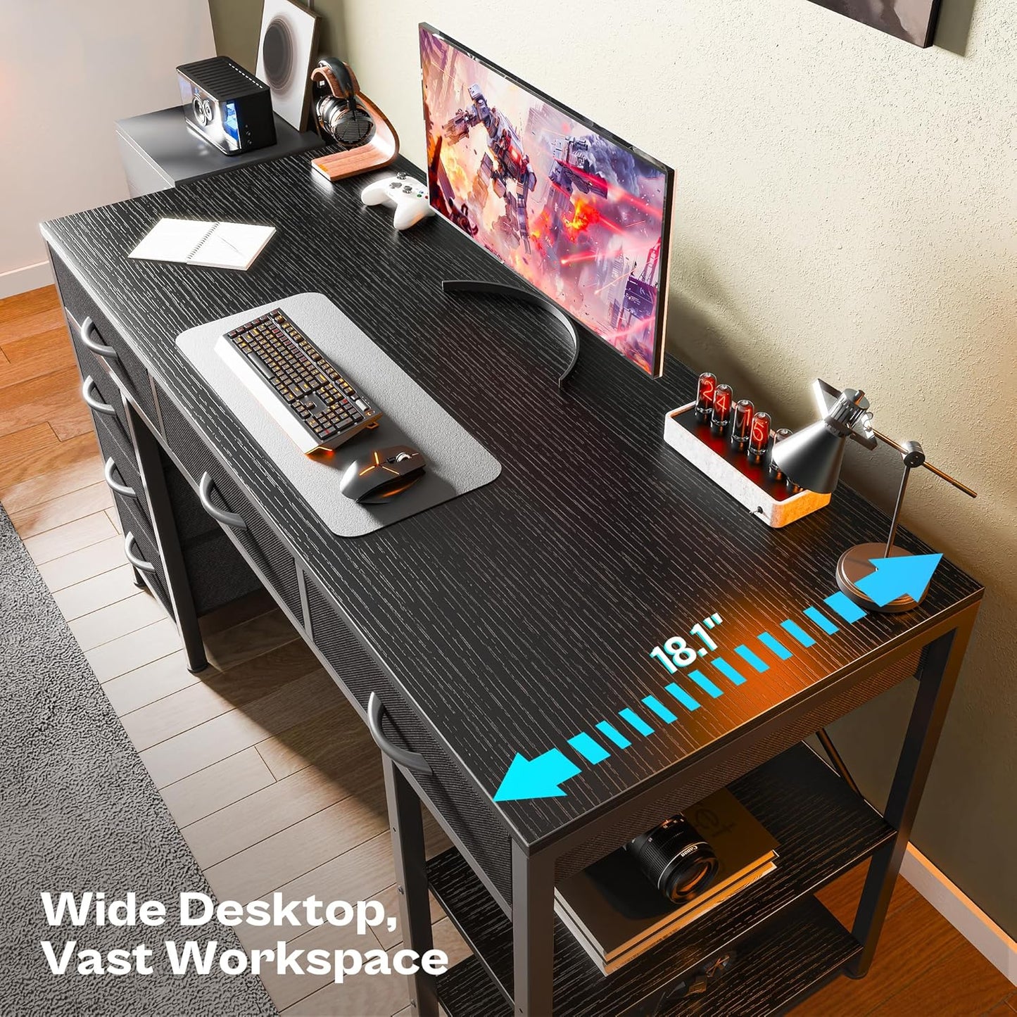 Huuger Computer Desk with 6 Drawers, 47 Inch Office Desk with Shelves, Reversible Gaming Desk, Corner Desk with Storage, Work Desk for Home Office, Study, Living Room, Black