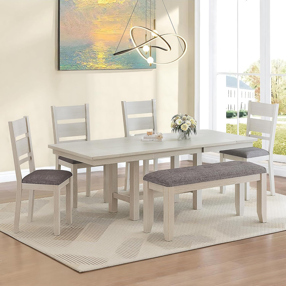 6-Piece Solid Wood Dining Table Set for 6, Extendable Table with 4 Upholstered Chairs and 1 Bench– Easy Assembly for Indoor Use, Kitchen, Dining Room, Grey