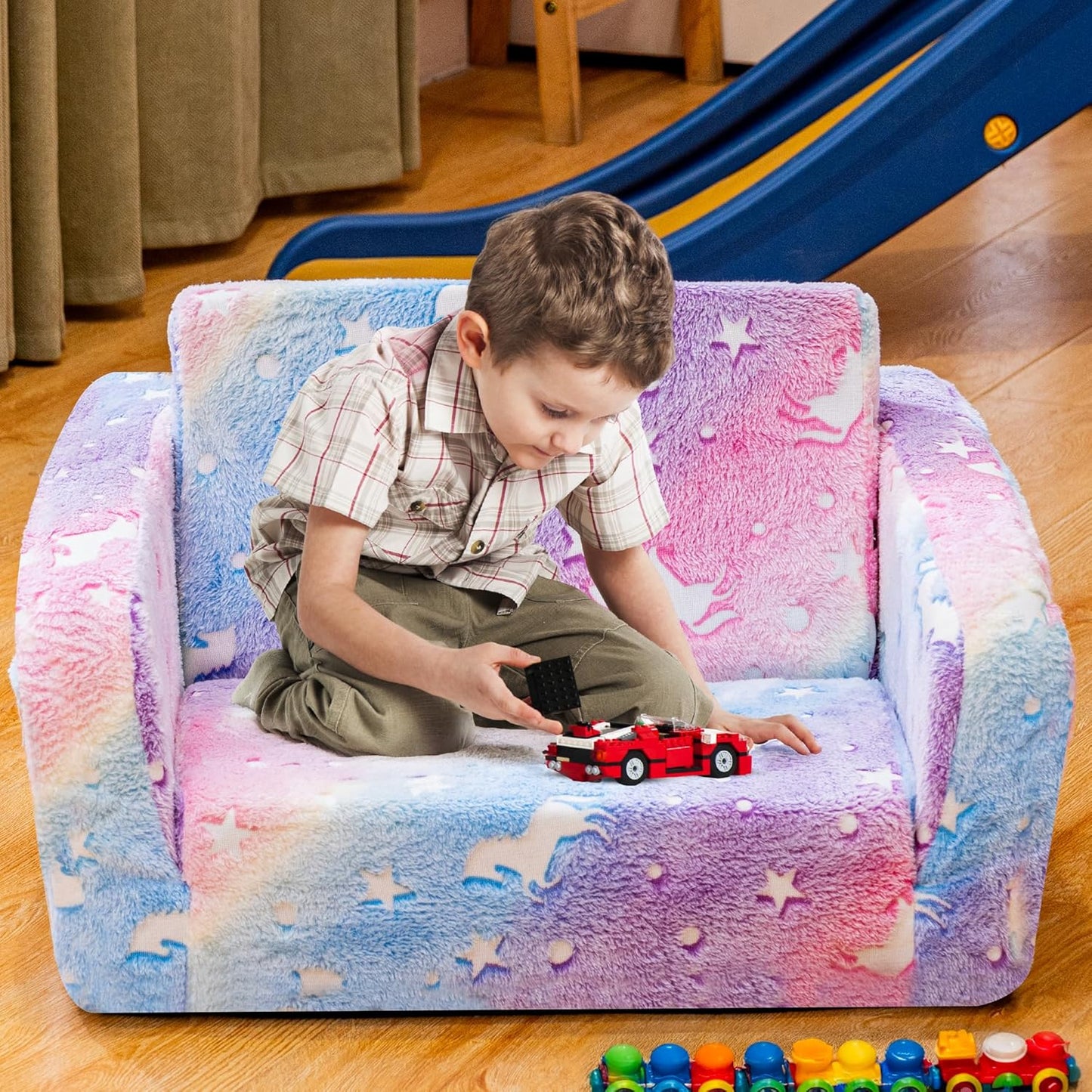 Lamerge 2-in-1 Soft Toddler Couch Fold Out,Foldable Toddler Chair, Glow in The Dark Kids Sofa for playroom,Convertible Foam and Floor Cushion for Boys and Girls (Rainbow and Unicorn)