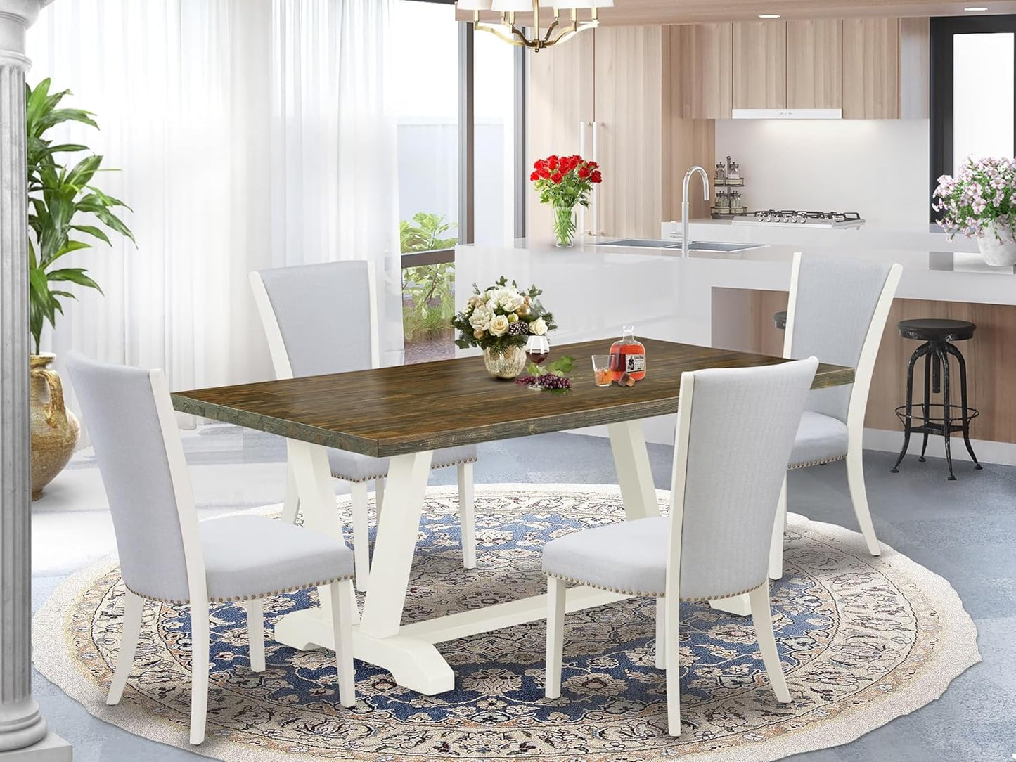 East West Furniture V077VE005-5 5 Piece Dining Table Set for 4 Includes a Rectangle Kitchen Table with V-Legs and 4 Grey Linen Fabric Parsons Dining Chairs, 40x72 Inch, Multi-Color