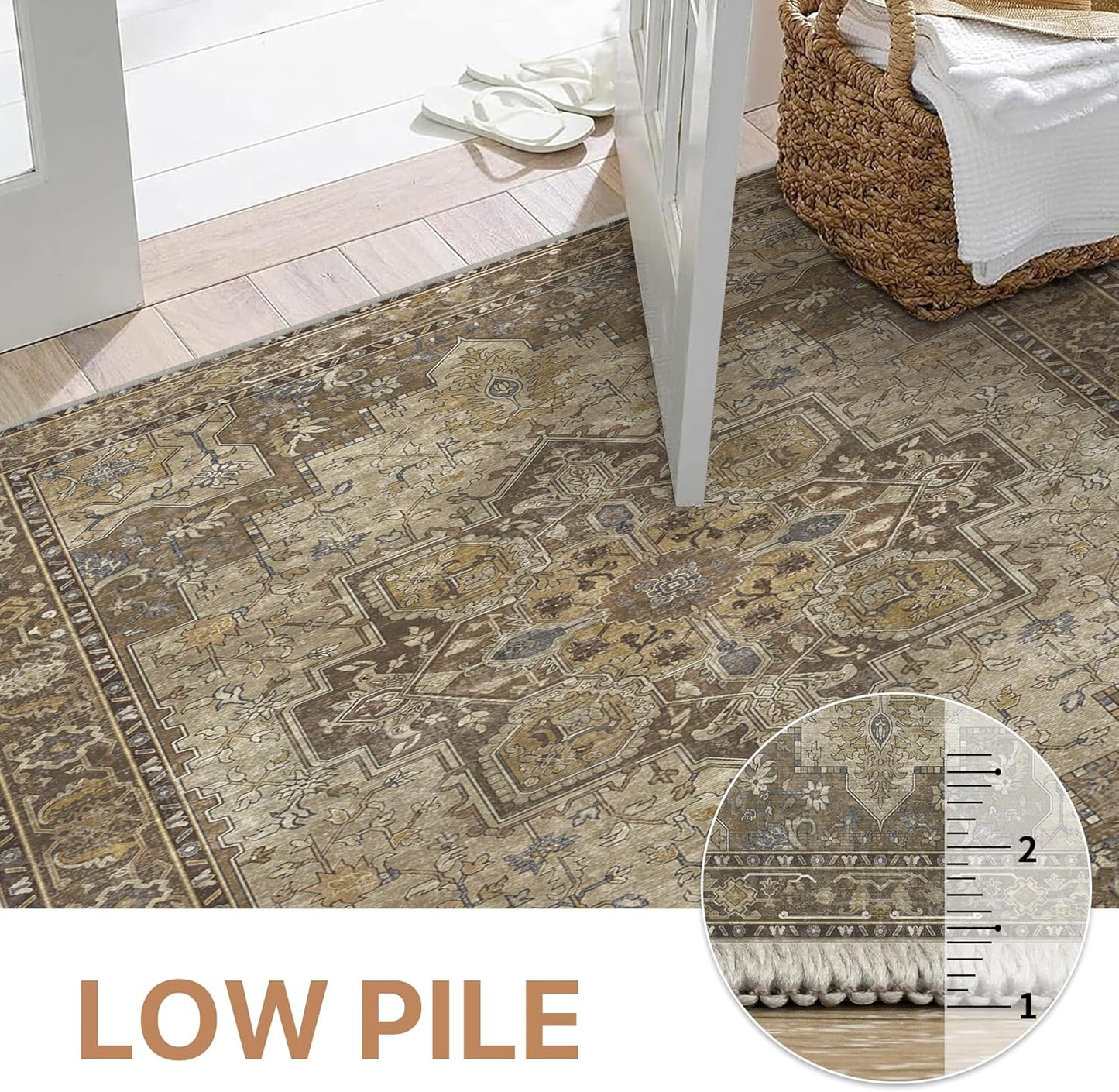 GENIMO 9x12 Area Rugs for Living Room, Machine Washable Non Slip Vintage Rugs, Low Pile Lightweight Chenille Print Rug for Bedroom, Dining Room, Home Office, Rustic Brown