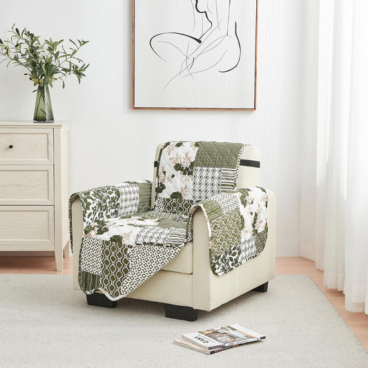 Great Bay Home Reversible Patchwork Chair Cover - Washable Slipcover Furniture Protector with Elastic Straps - Chair Cover for Dogs, Kids, and Pets - Box-Stitched Detail (Chair, Olive/Brown)