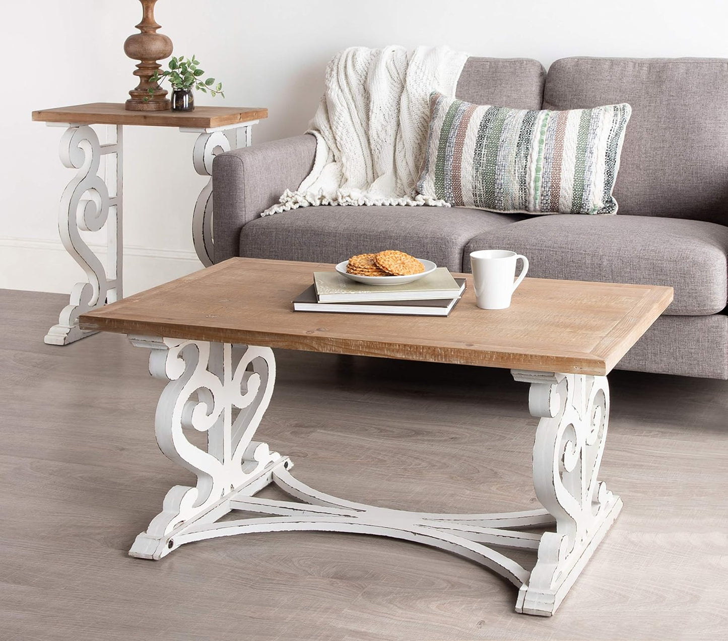 Kate and Laurel Wyldwood Rustic Carved Coffee Table, 38" x 23" x 18", Distressed Brown and White, Farmhouse-Inspired Living Room Decor