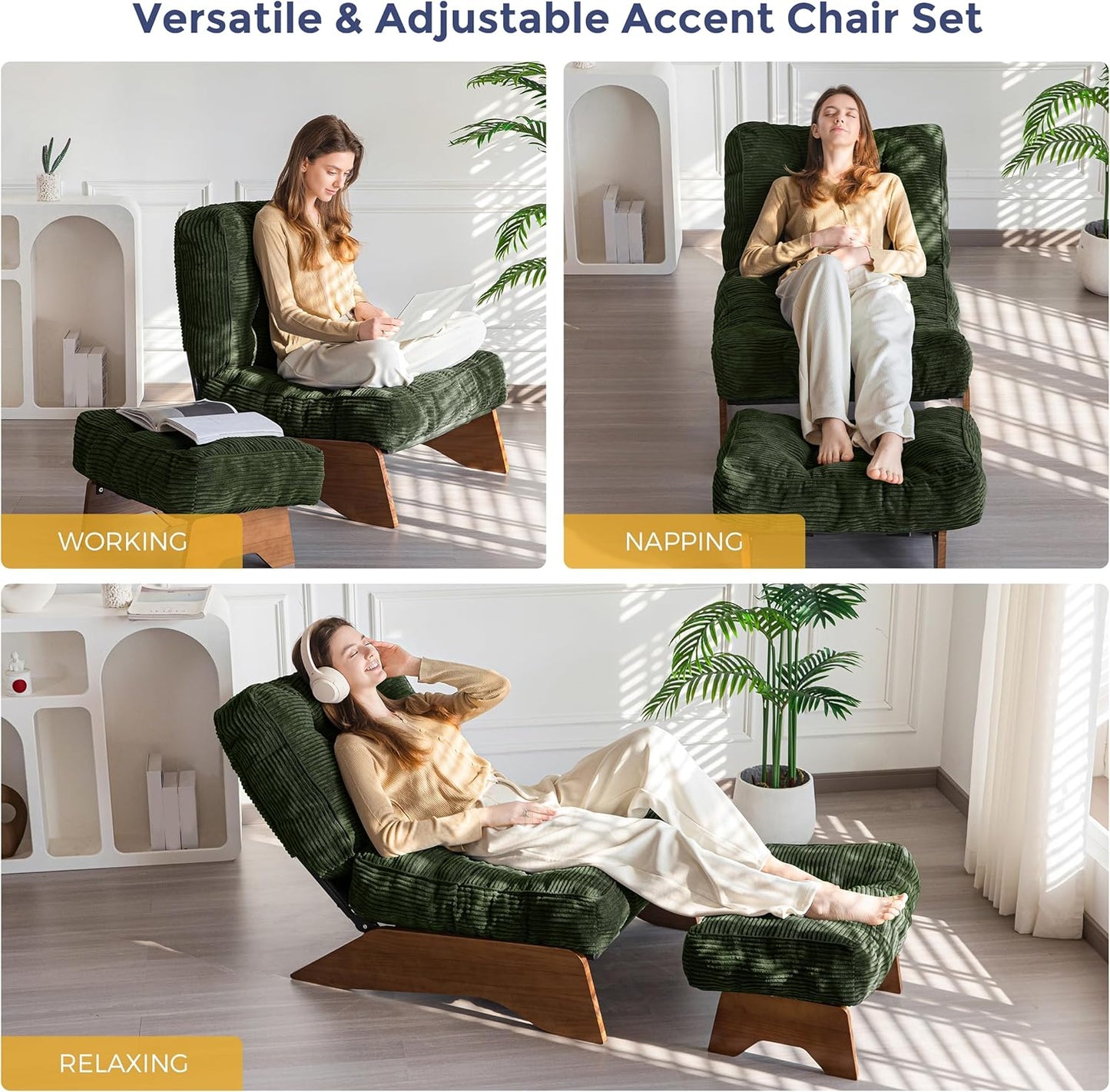 MAXYOYO Accent Chair with Ottoman Adjustable Backrest, Tufted Living Room Chair Upholstered Lounge Chair with Footrest Set, Modern Chair Cozy Reclining Chair for Reading Room, Green