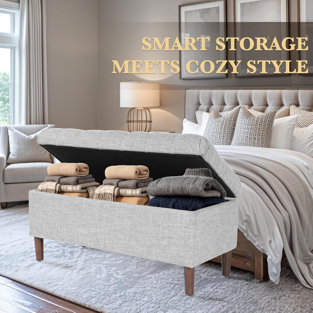 HomePop Home Decor | Tufted Ainsley Button Storage Ottoman Bench with Hinged Lid | Ottoman Bench with Storage for Living Room & Bedroom,Gray Woven
