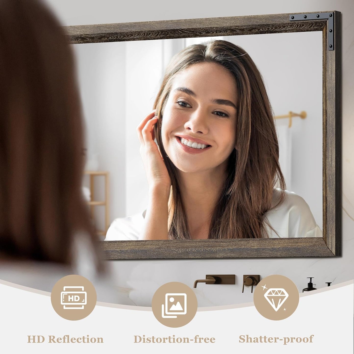 YOSHOOT Farmhouse Bathroom Mirror, Rustic Wooden Framed Mirror, Wood Vanity Mirror, Solid Wood & Handmade, Vertical or Horizontal Hanging for Bathroom Entryway Living Room Bedroom, 48" x 30", Brown