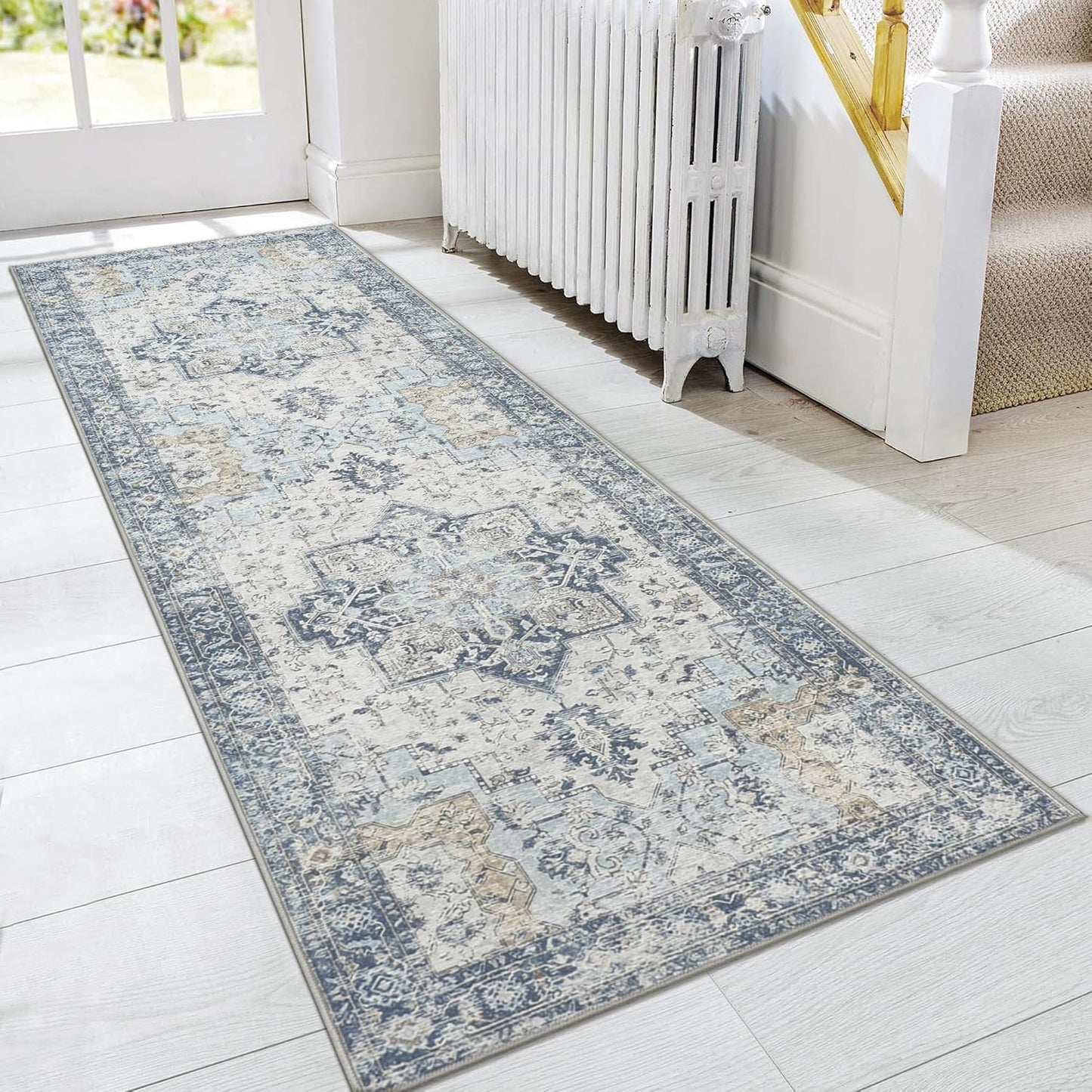 GENIMO Runner Rug 2'6''x10, Non Slip Vintage Hallway Runner Rugs, Low Pile Lightweight Machine Washable Mat for Hallway, Entryway, Bedroom, Kitchen and Corridor, Blue