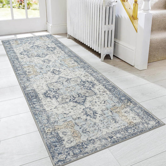 GENIMO Runner Rug 2x12, Non Slip Vintage Hallway Runner Rugs, Low Pile Lightweight Machine Washable Mat for Hallway, Entryway, Bedroom, Kitchen and Corridor, Blue