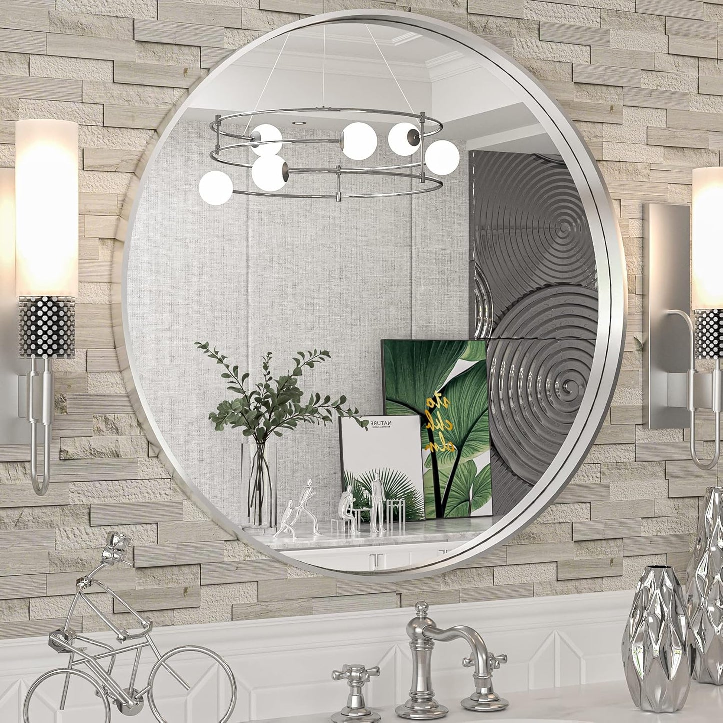 TokeShimi Round Mirror 24 Inch Brushed Silver Round Bathroom Mirror for Wall Non-Rusting Aluminum Alloy Brushed Silver Matte Metal Frame Modern Circle Mirror Multi Style Home Decor